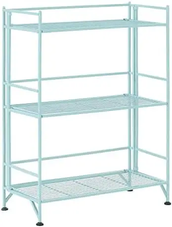 GVJMTKP Xtra Shelves-3-Tier Wide Folding Metal Modern Shelves Display in Living Room Bathroom Office Kitchen Garage Sea Foam