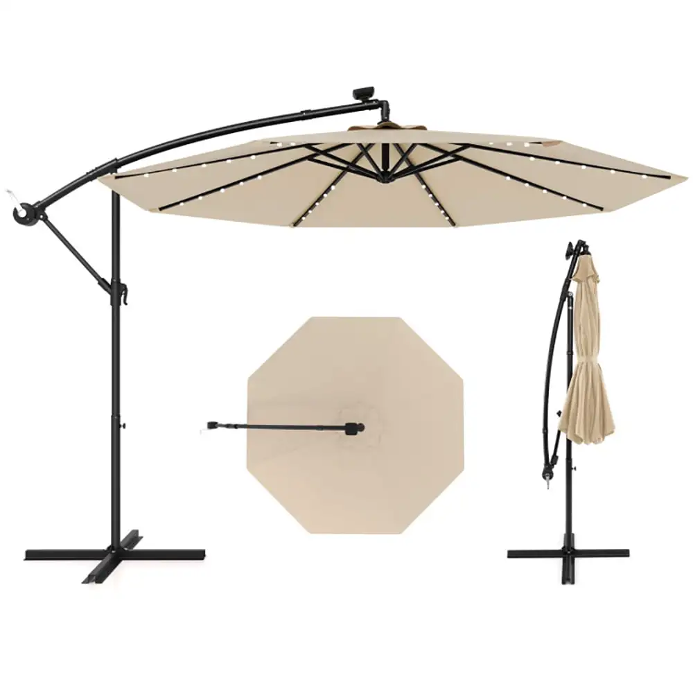 GVN 10 Feet Solar Offset Hanging Umbrella with 40 Lamp Beads and Solar Panel-Beige. Patio Offset Umbrella with Easy Tilt Adjustment. Cantilever Patio Umbrellas. Sunshade Umbrella Canopy