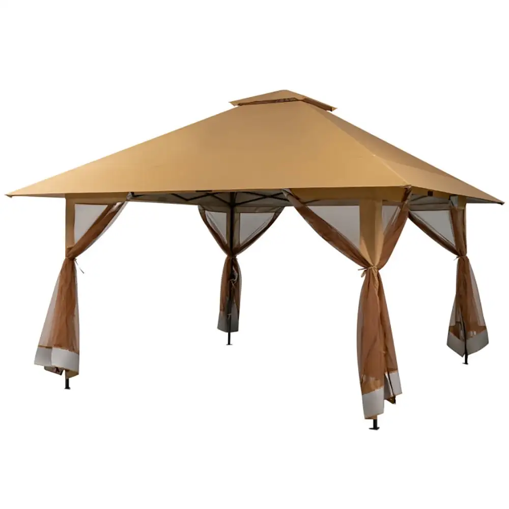 GVN 13 x 13 Feet Pop-up Instant Canopy Tent with Mesh Sidewall-Coffee. Outdoor Patio Gazebo with Hardtop Roof for Garden. Backyard and Deck