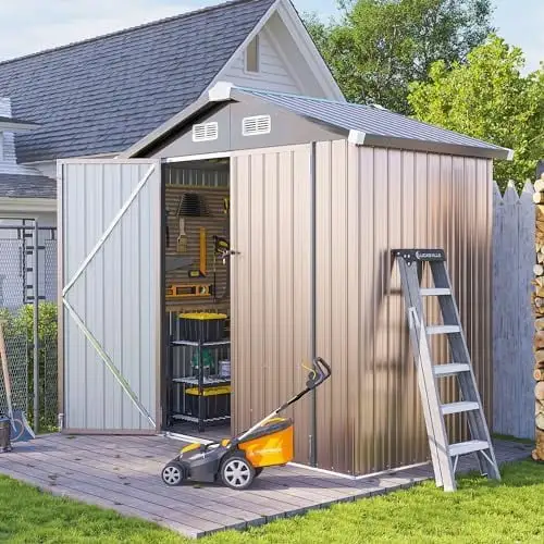 Galvanized Steel Outbuilding Storage Shed. 6.4X3.6Ft. Brown. Uv Protection. Air Vent. Hinged Door. Utility Tool Storage House For Garden. Backyard. Patio. Lawn