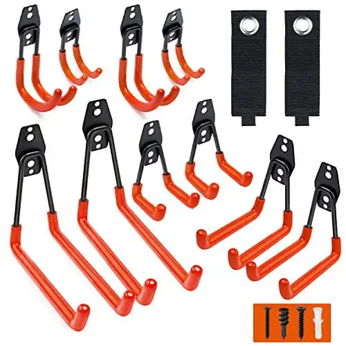 Garage Hooks. 12 Pack Wall Storage Hooks with 2 Extension Cord Storage Straps. Heavy Duty Tool Hangers for Utility Organizations. Wall Mount Holders for Garden Lawn Tools. Ladders. Bike (Orange)