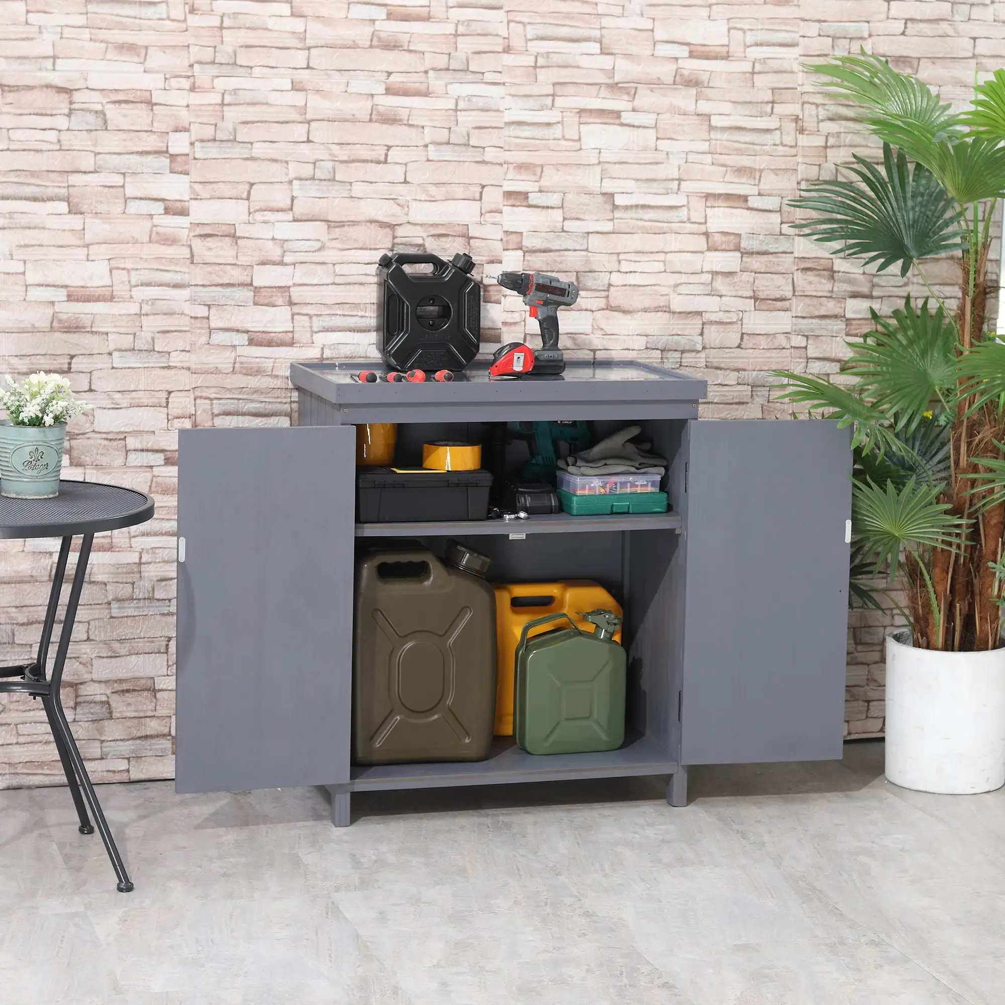 Garden Storage Cabinet. Outdoor Tool Shed With Galvanized Top And Two Shelves For Yard Tools Or Pool Accessories. Grey