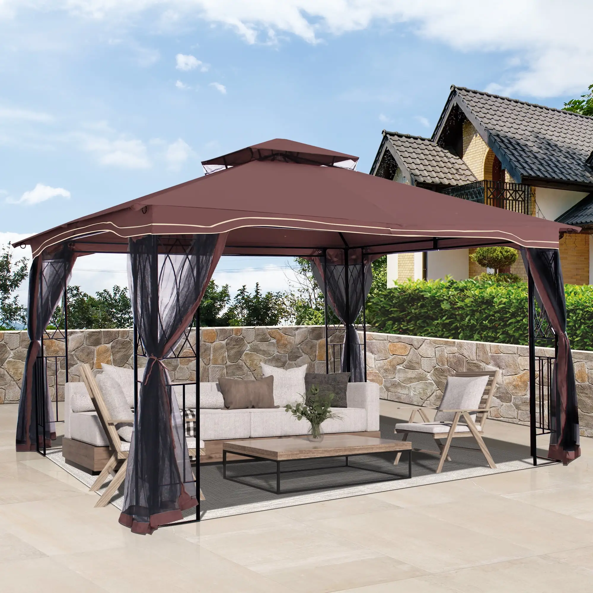 Gartooo 10' x 12' Patio Gazebo Outdoor. Double Roof Outdoor Gazebo with Netting. Metal Frame Gazebo Waterptoof for Deck Backyard Lawn.Garden(Brown)