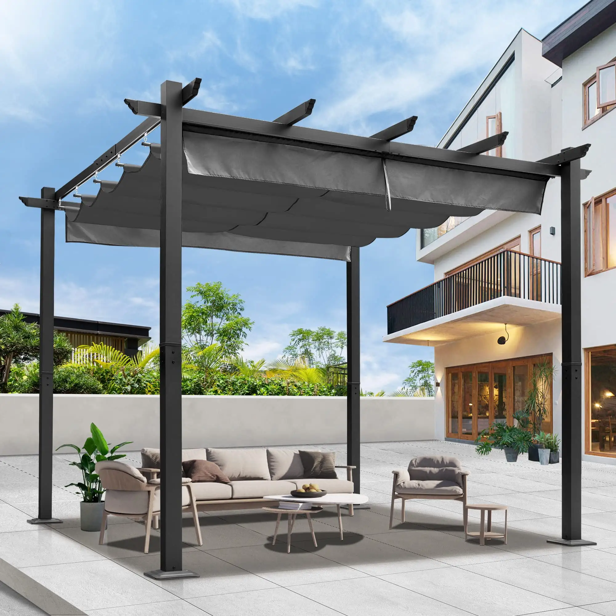 Gartooo 10'x10' Pergola Retractable Pergola Canopy .Aluminum Pergola Shelter with Polyester Sun and Rain-Proof Canopy.Aluminum Outdoor Pergola for Patio.Yard and GardenGray