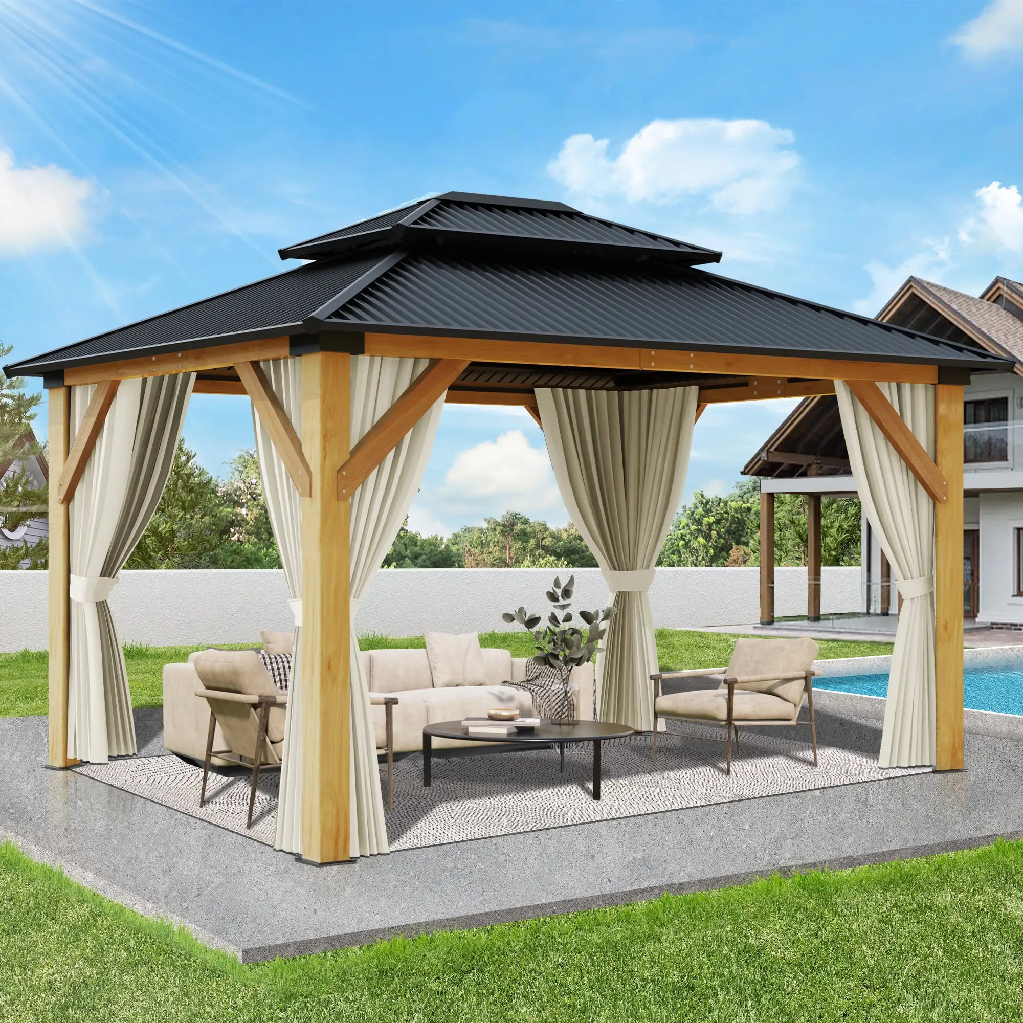 Gartooo 11'x13' Outdoor Wooden Gazebo - Patio Galvanized Steel Gazebo with Double Vented Roof. Heavy-duty Cedar Gazebo with Privacy Curtains and Netting for Garden. Lawn. Poolside. Backyard Deck