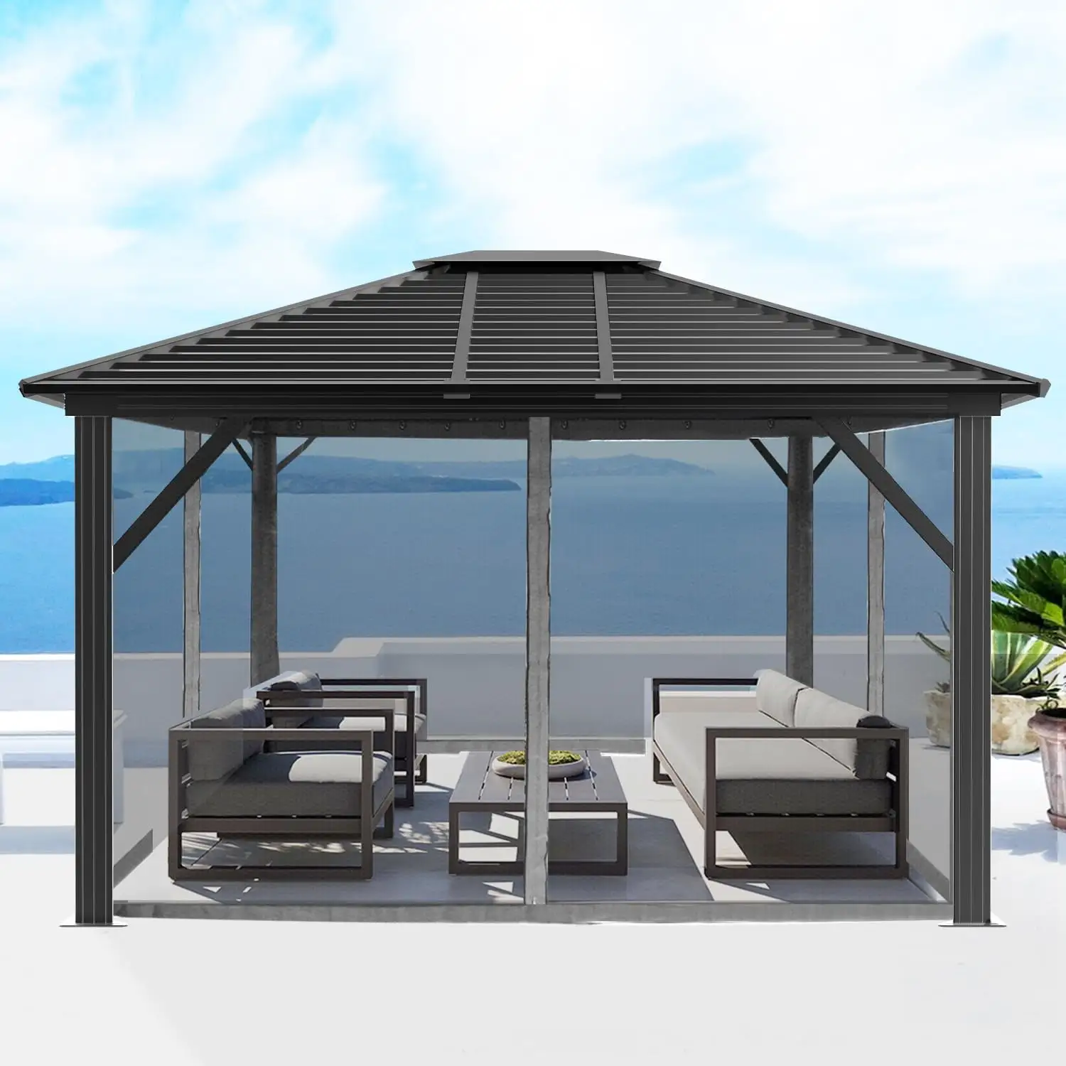 Gartooo 12 Ft. W X 10 Ft. D Hardtop Aluminum Patio Gazebo - Outdoor Metal Hard Top with Breathable Mesh. Best for Garden. Lawn. Outdoor Party