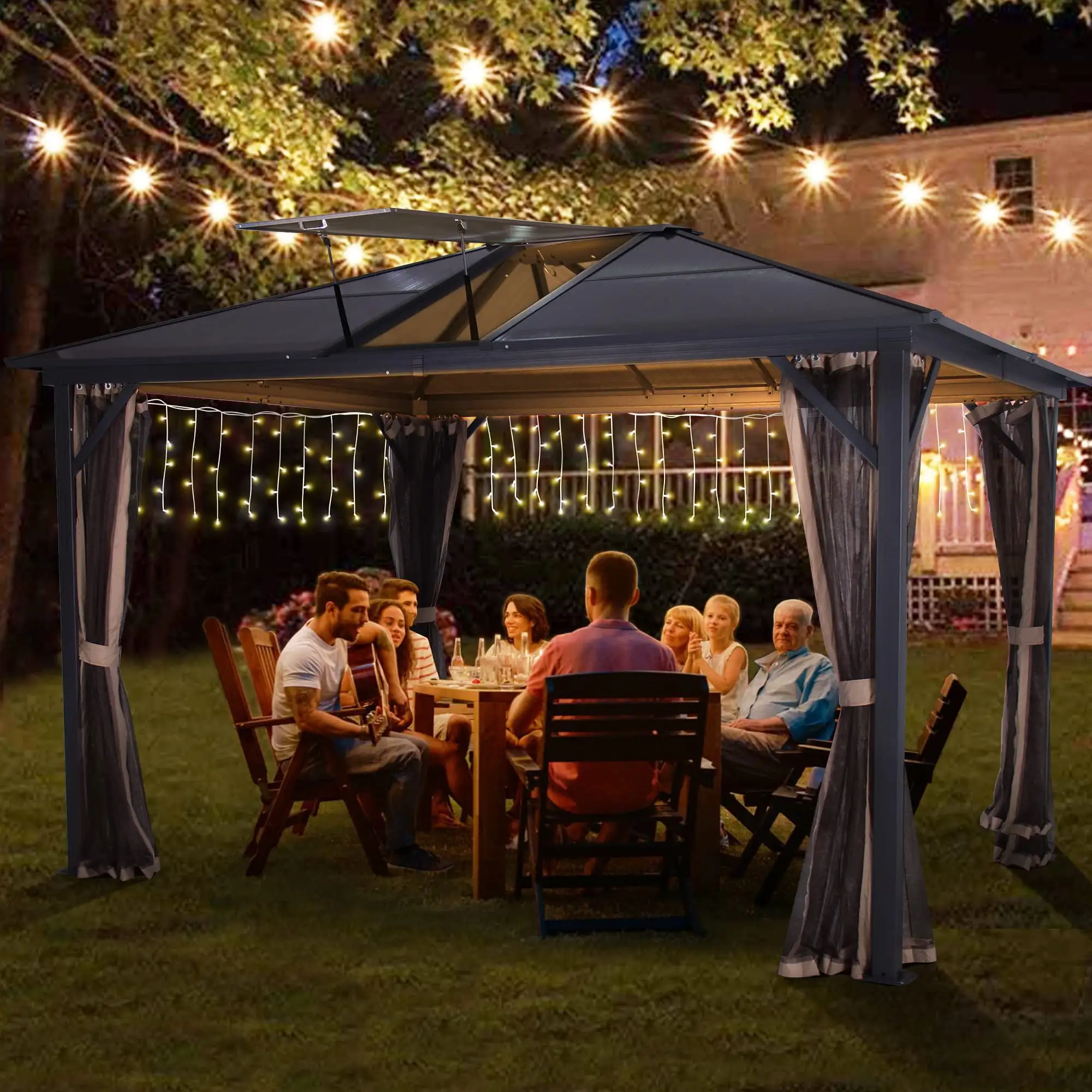 Gartooo 12' x 14' Patio Polycarbonate Gazebo with Skylight - Outdoor Aluminum Frame Porch Gazebo with Breathable Netting for Garden. Lawn. Outdoor Party. Backyard. Deck