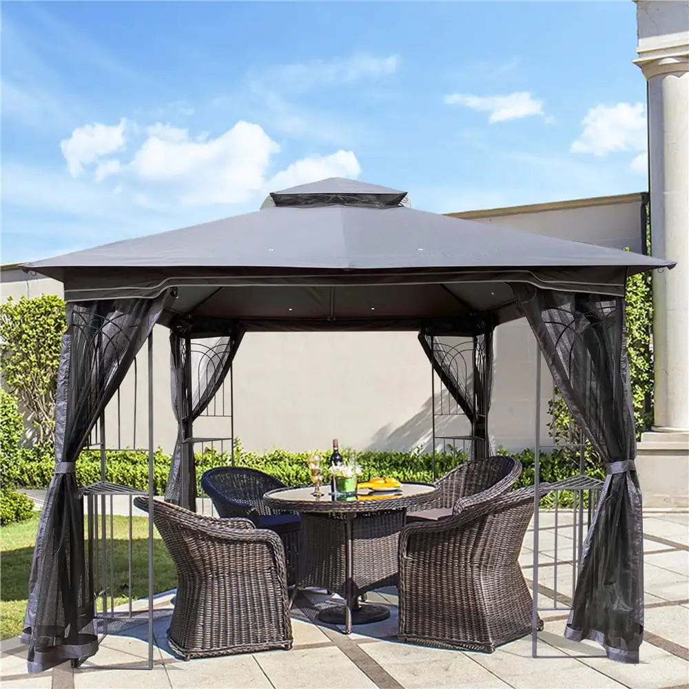 Gazebo 10'x10'. SEGMART Outdoor Gazebo with Netting. Outdoor Canopy Sun Shelter Gazebo Tent Screen House. Gazebo With Ventilated Double Roof for Outside Yard Deck Patio. LLL4572