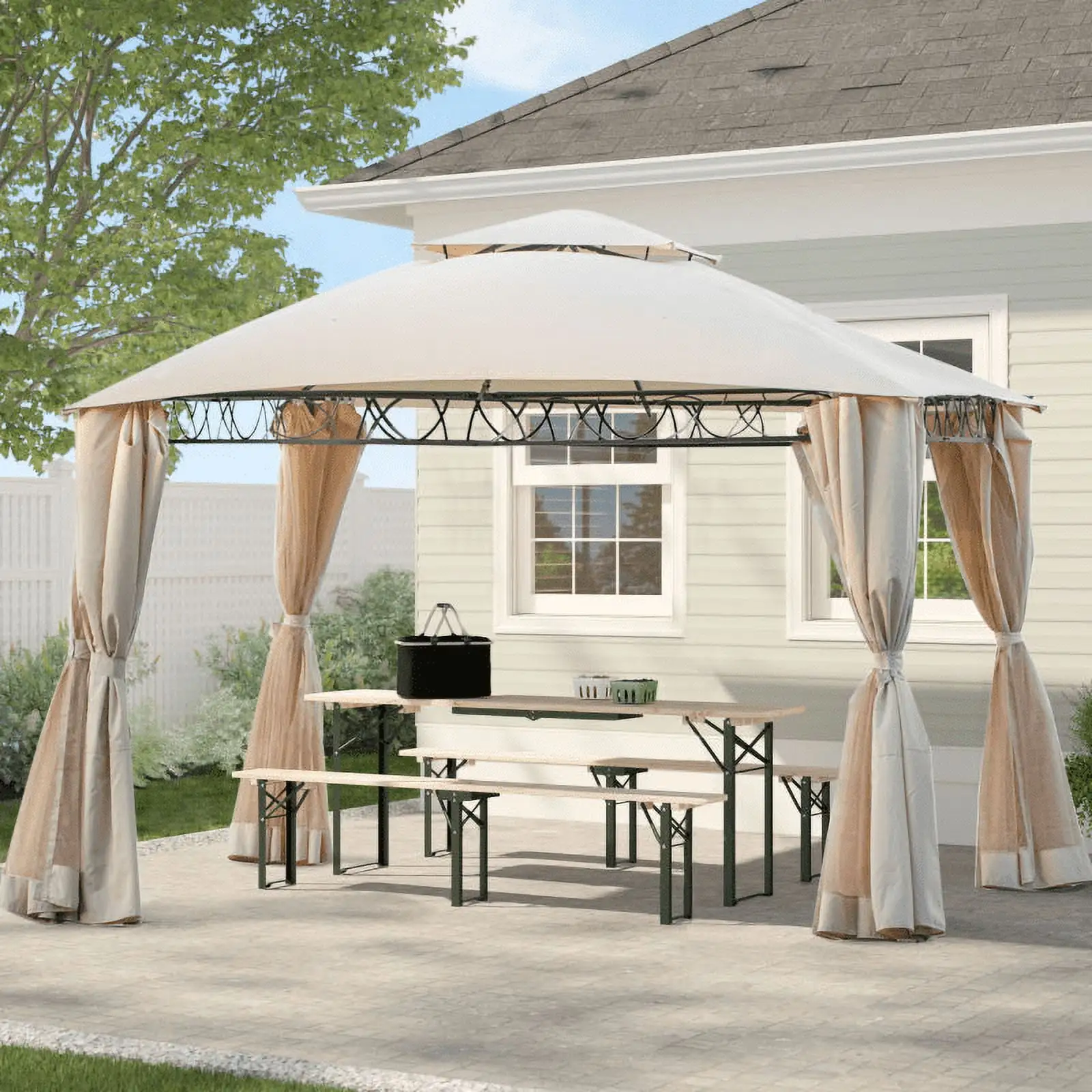 Gazebo for Outdoors. 10.5 x 10.5 ft Patio Gazebo for Shade and Rain. Backyard Relaxing Canopy Tent with Double Roof and Mosquito Netting. Fits for Lawn. Poolside. Deck. Party. Beige. D1139