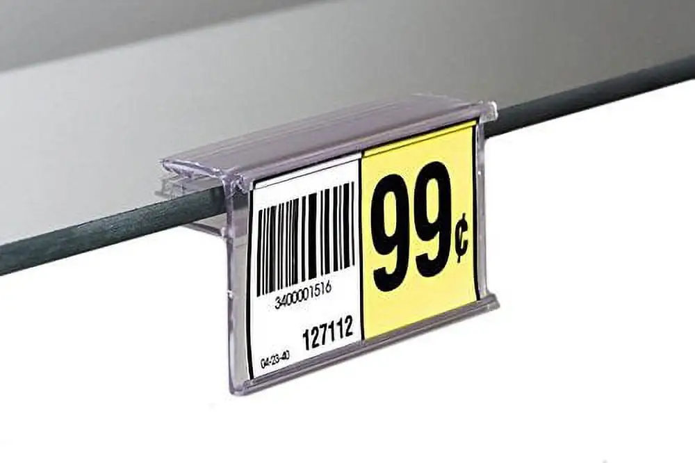 Glass Shelf UPC Ticket Label Holder. Grips on Glass from 3/16 to 1/4 thick. 2.5 L x 1.25 H. 20 Pack