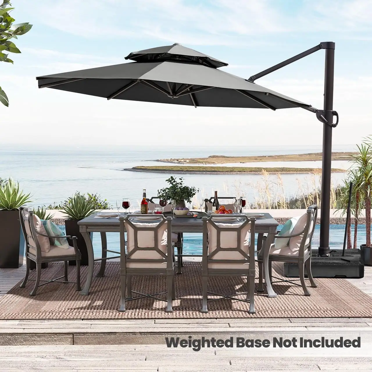 Glavbiku 11ft Cantilever Patio Umbrella with Weight Base for Deck. Pool and Backyard in Grey