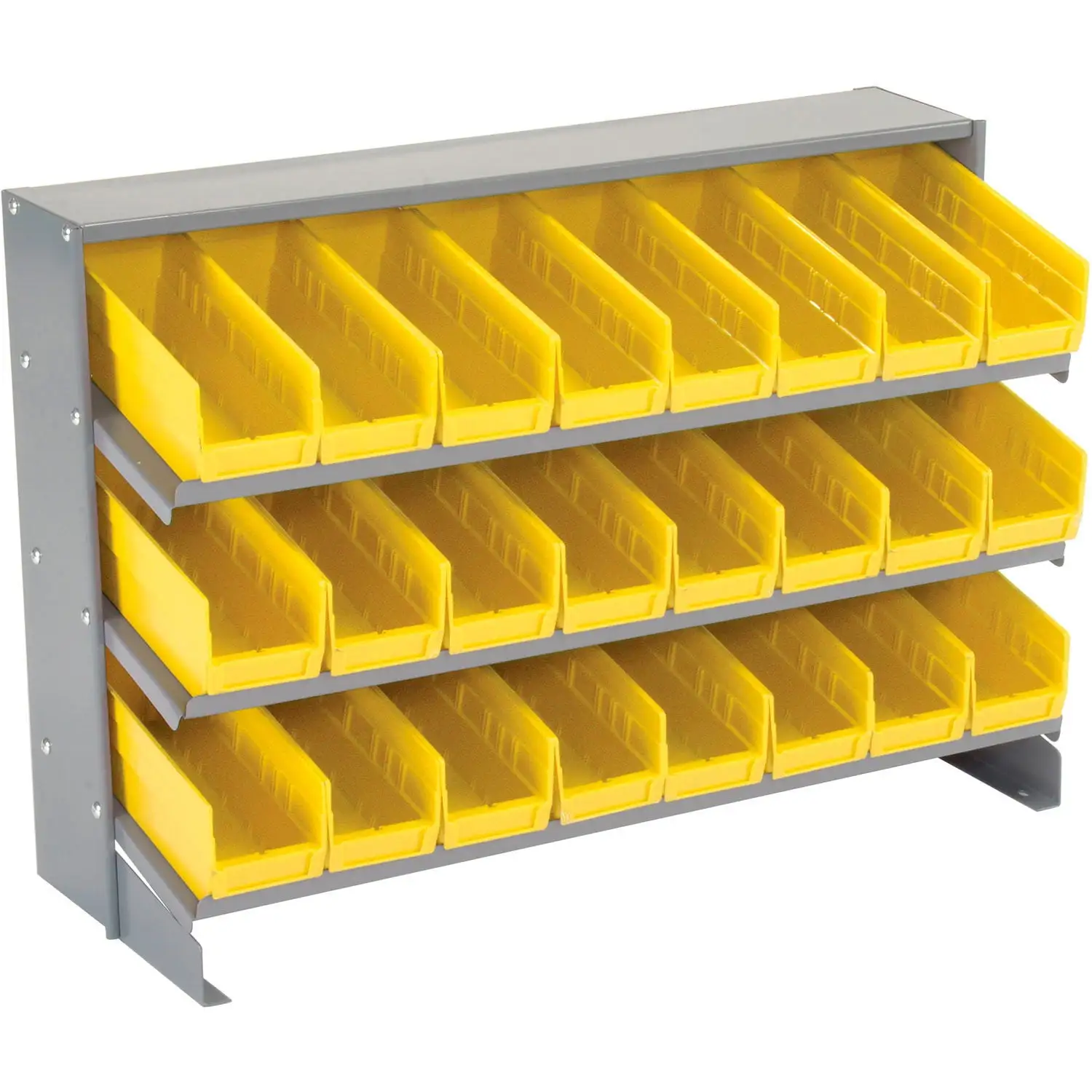 Global Industrial™ 3 Shelf Bench Pick Rack - 24 Yellow Plastic Shelf Bins 4 Inch Wide 33x12x21