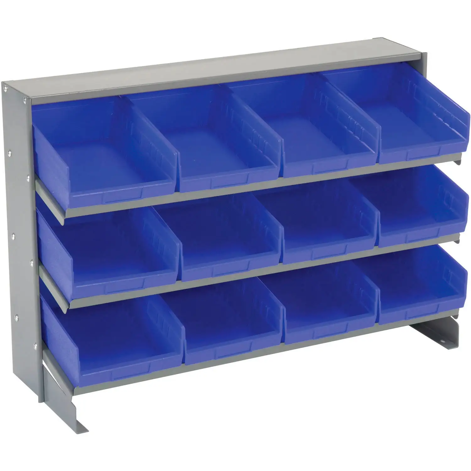 Global Industrial 3 Shelf Bench Rack. (12) 8W Blue Bins. 33x12x21