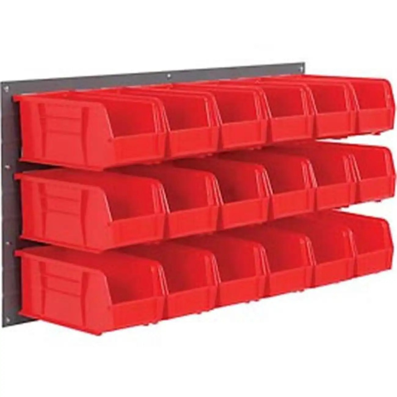 Global Industrial Wall Bin Rack with 32 Red Bins. 36x7x19