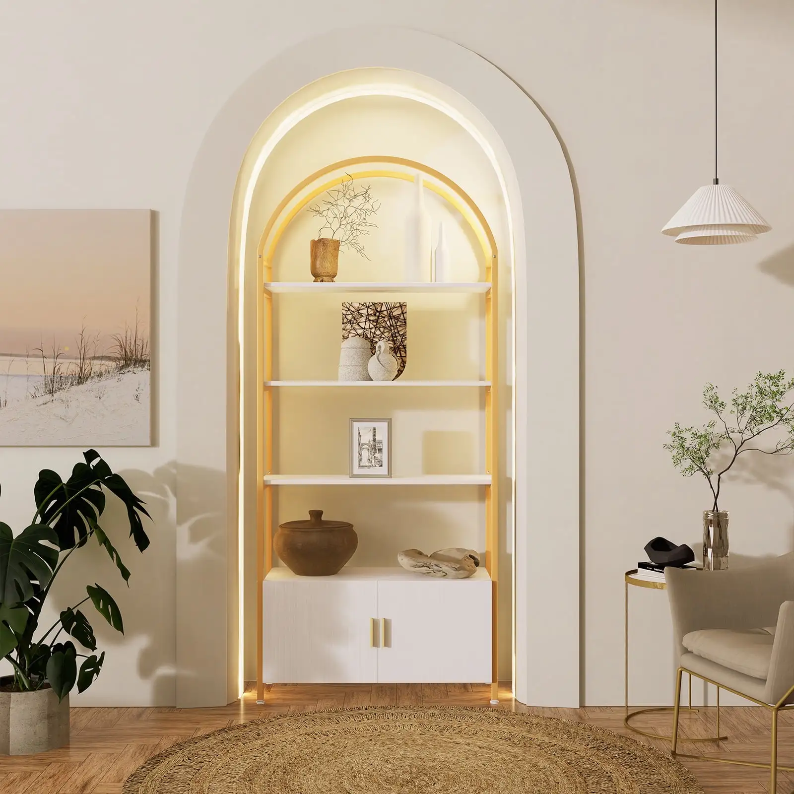 Gold Bookshelf. Arched Bookcase with Doors Storage. 71 Tall Industrial Book Shelf with Sturdy Metal Frame. E1 Quality Boards. Freestanding Display Shelving Unit. White and Gold