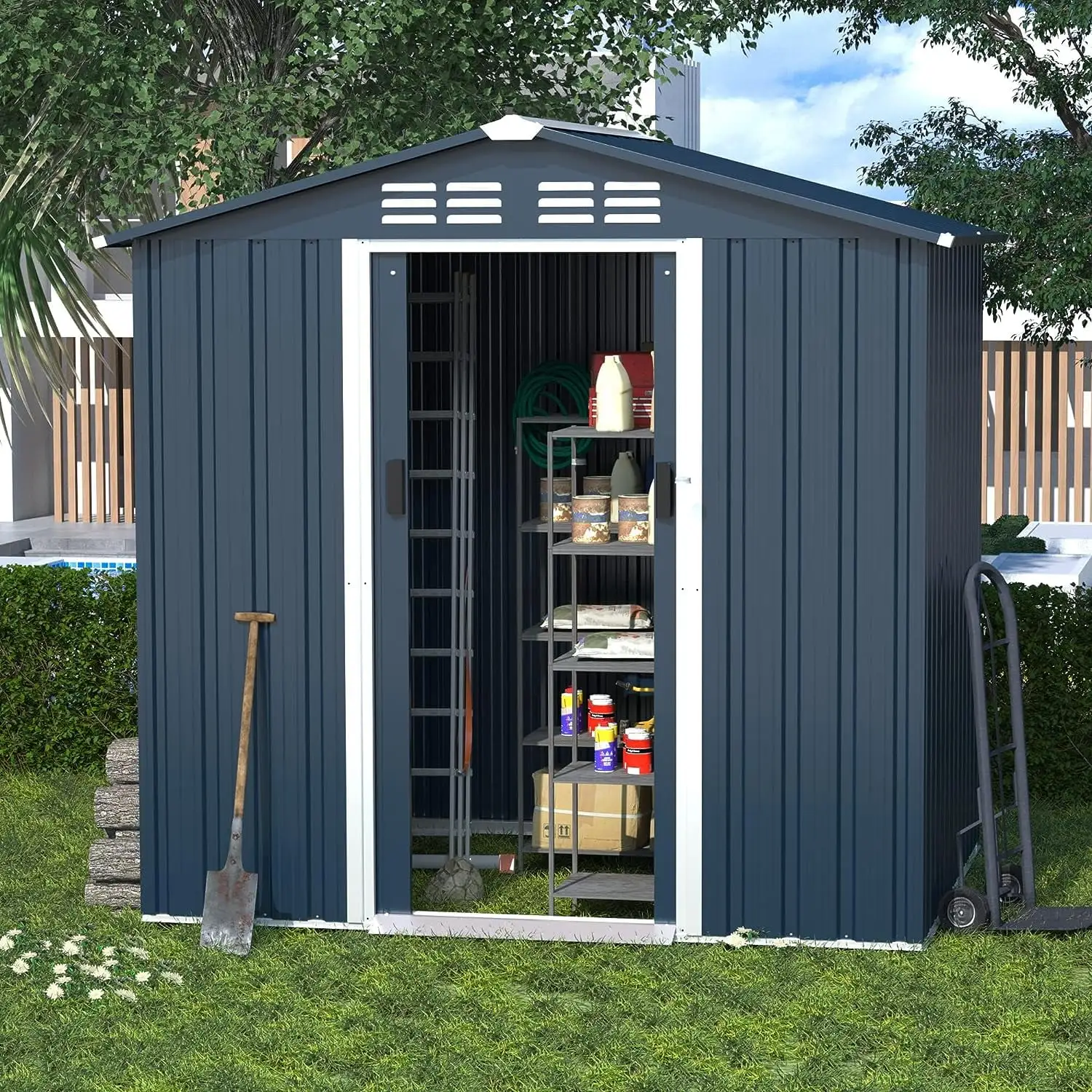 Gotland Outdoor Storage Shed.6' x 4' Waterproof Metal Tool Shed with Door.Ramp Plate for Garden.Backyard.Patio.Gray