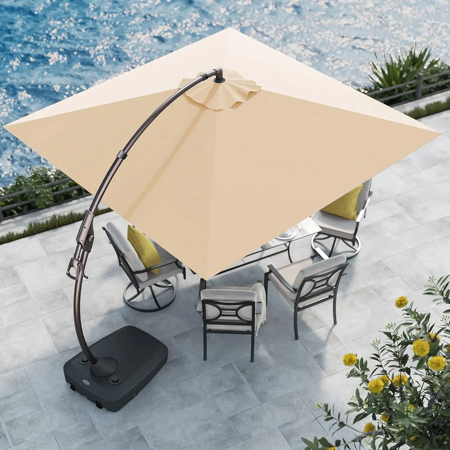 Grand Patio 10x10 ft Deluxe Cantilever Aluminium Offset Umbrella. Rectangular Patio Umbrella with Base. Champagne