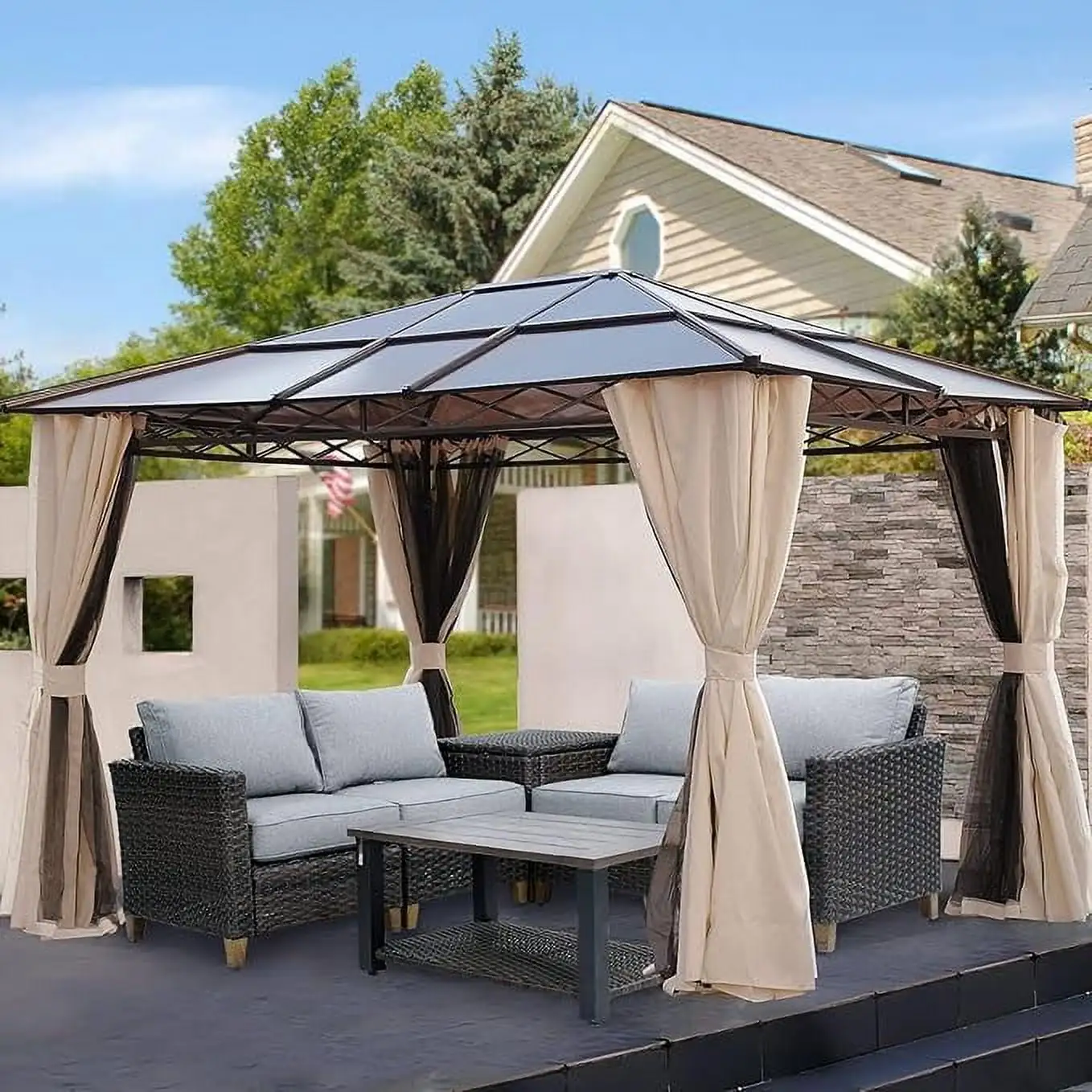 Grand Patio 12 ft W x 10 ft D x 8.75 ft H. Hardtop Gazebo. Single Roof Pergolas Metal Aluminum Frame UV 50+ Canopy with Mosquito Netting and Curtains. Outdoor Shelter for Garden. Lawn. Backyard