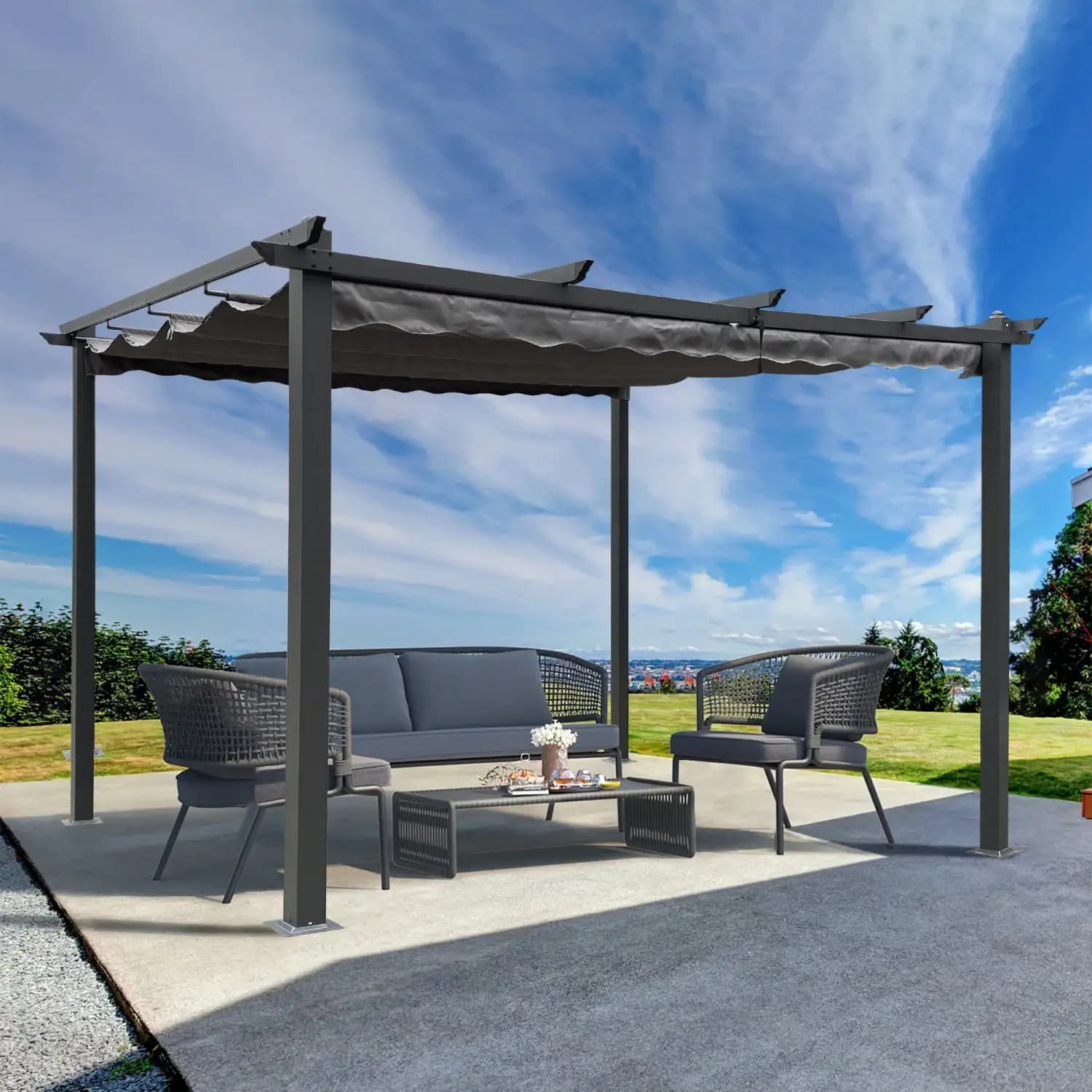 Gray 13x10 Ft Outdoor Patio Retractable Pergola - Stylish Canopy Sunshelter for Gardens Terraces and Backyard