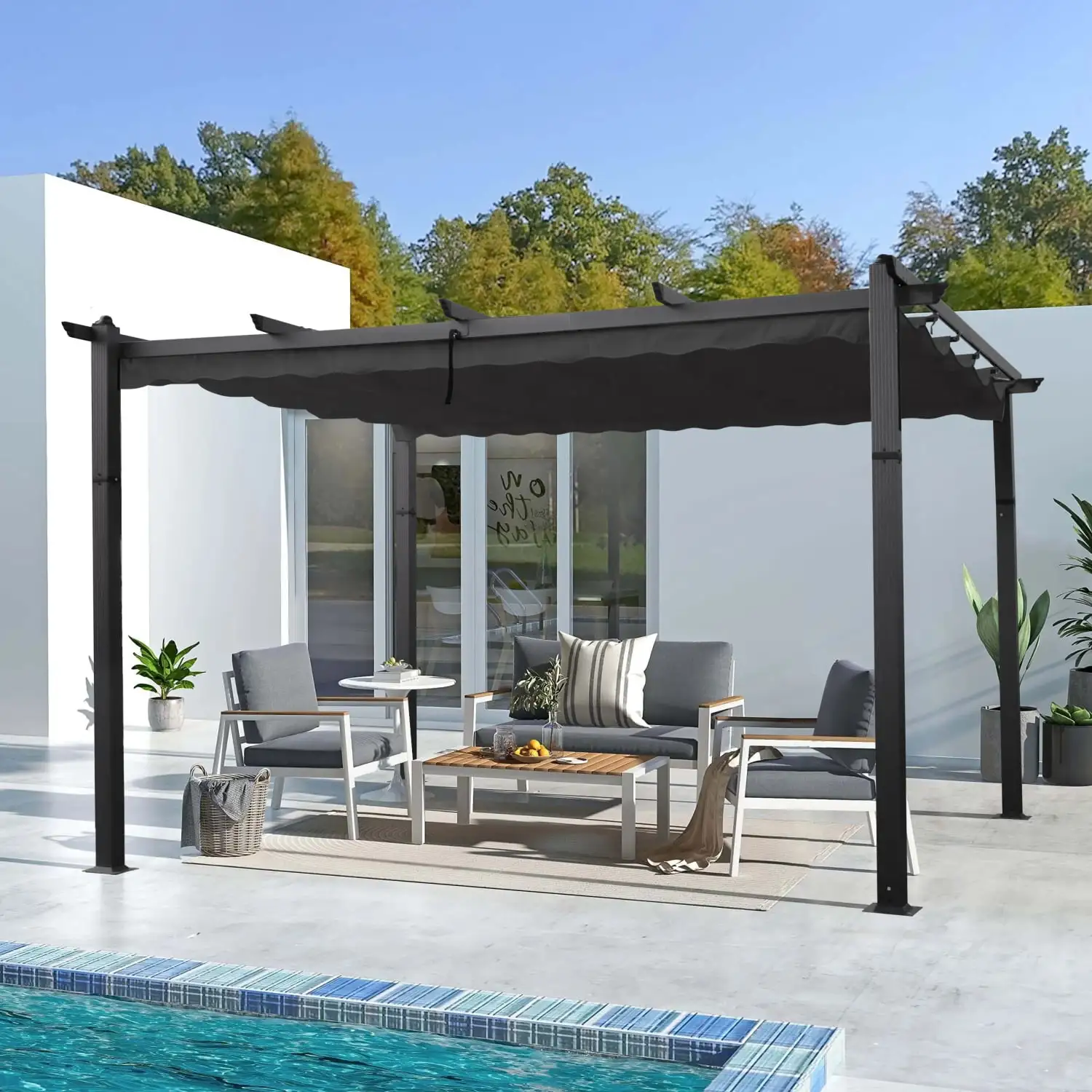 Gray 13x10 Ft Outdoor Patio Retractable Pergola Sunshelter Canopy Perfect for Gardens Terraces and Backyard