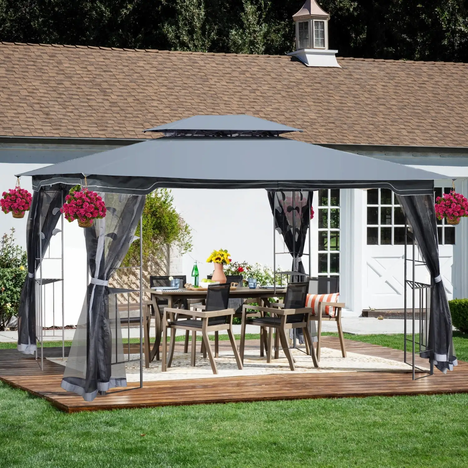 Gray Top 10x13 Outdoor Patio Gazebo Canopy Tent with Ventilated Double Roof and Detachable Mosquito Net Ideal for Lawn Garden Backyard and Deck Weather-Resistant and Stylish Design