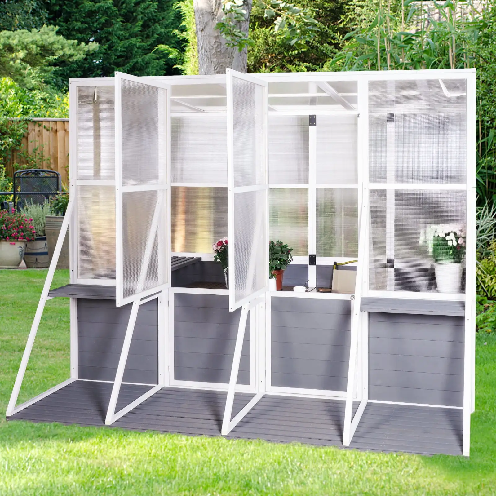 Greenhouse.Wooden Lean to Greenhouses for Outdoors.Triangular Support Walk-in Green House Outside. Windproof Hot House for Sunroom. Garden Plant Shed. Backyard.White and Grey