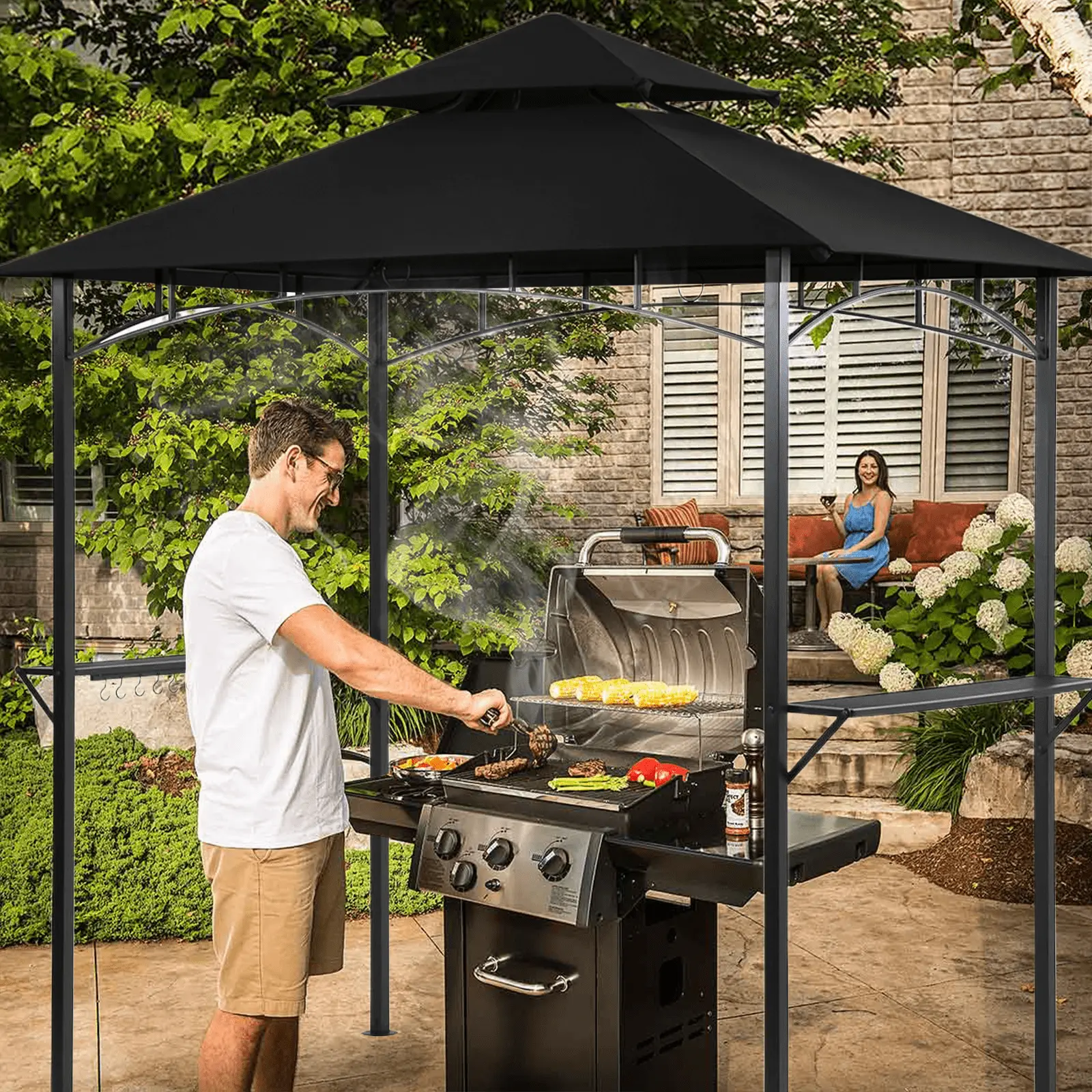 Grezjxc Grill Gazebo 8 x 5 Double Tiered Outdoor BBQ Grill Patio Canopy. Backyard Barbeque Tent with Extra Shelves. Black