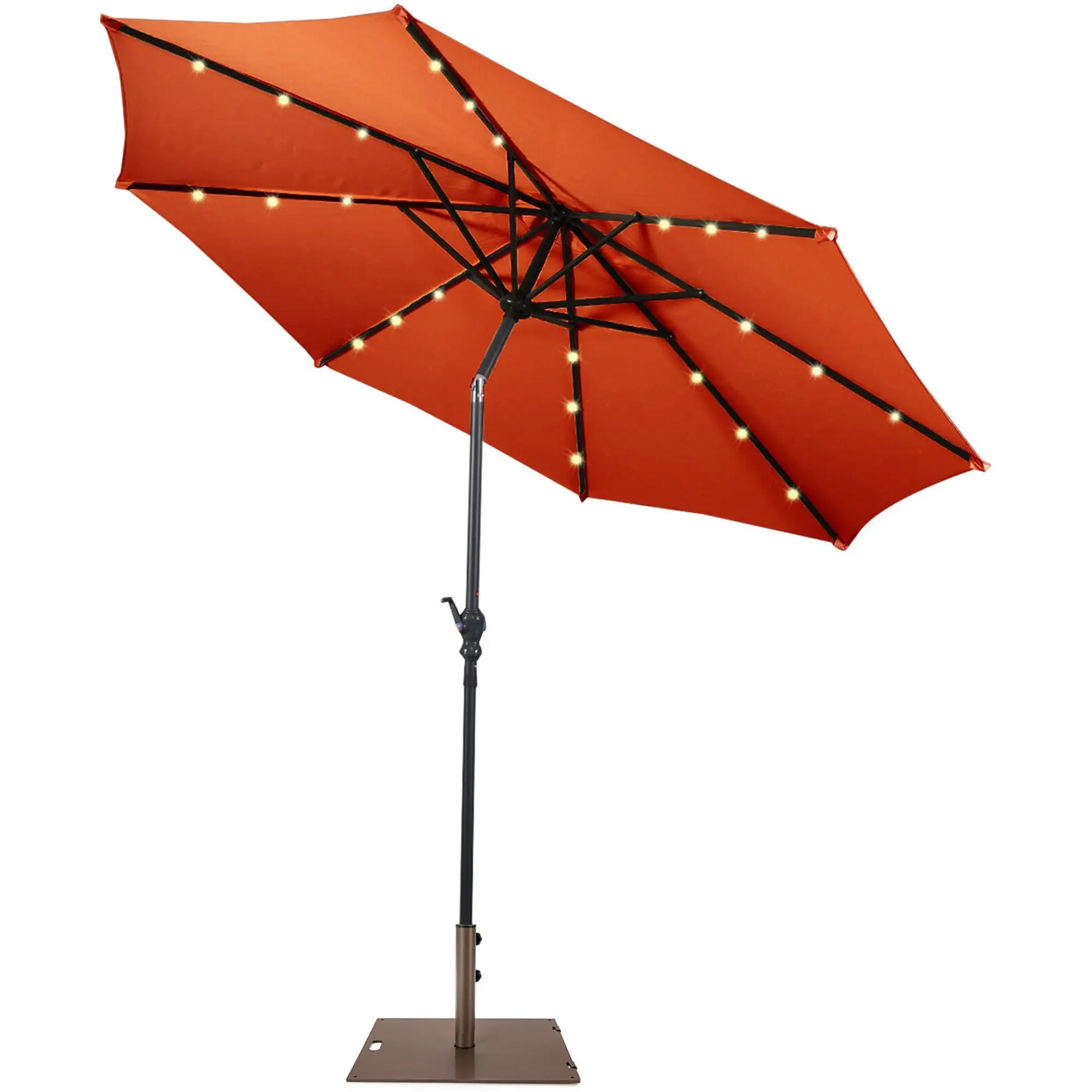 Gymax 10 Ft Patio Table Market Umbrella w/ 24 Solar LED Lights & Heavy-duty Base Orange