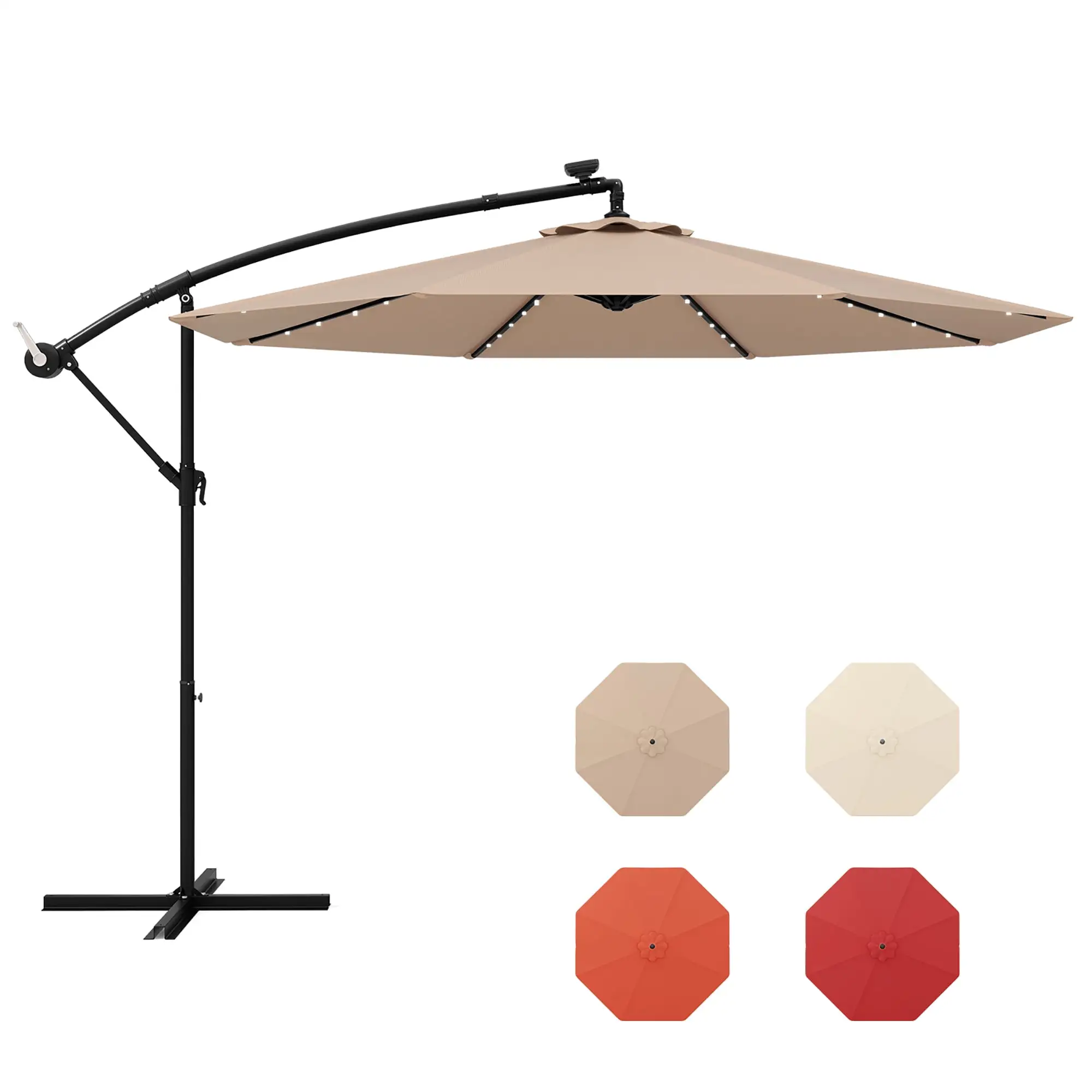 Gymax 10 ft Patio Offset Umbrella w/ Solar Lights Deck Umbrella w/ Easy Tilt Adjustment Tan