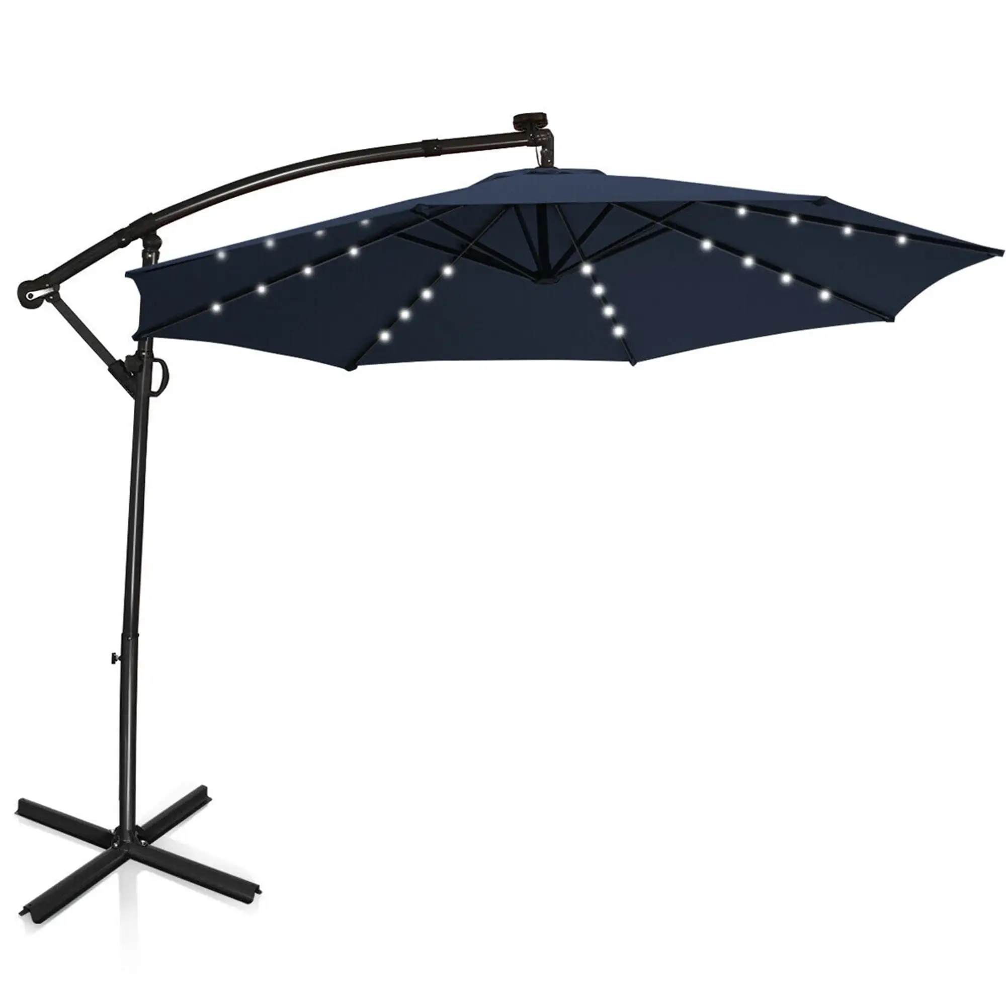 Gymax 10Ft Offset Hanging Umbrella Patio Outdoor w/ 32 Solar LED Lights Navy