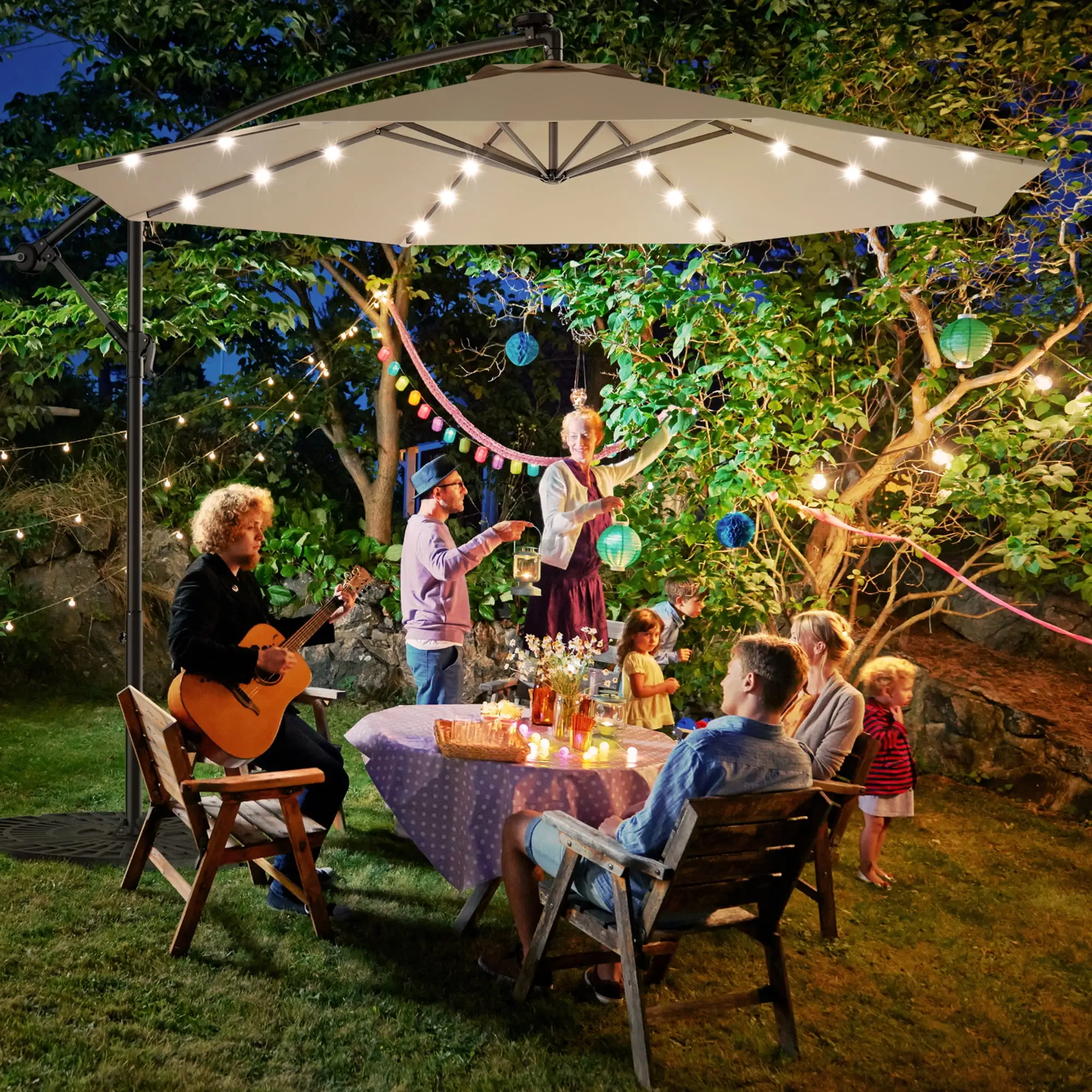 Gymax 10Ft Patio Solar LED Outdoor Offset Hanging Umbrella w/ 24 Lights Beige