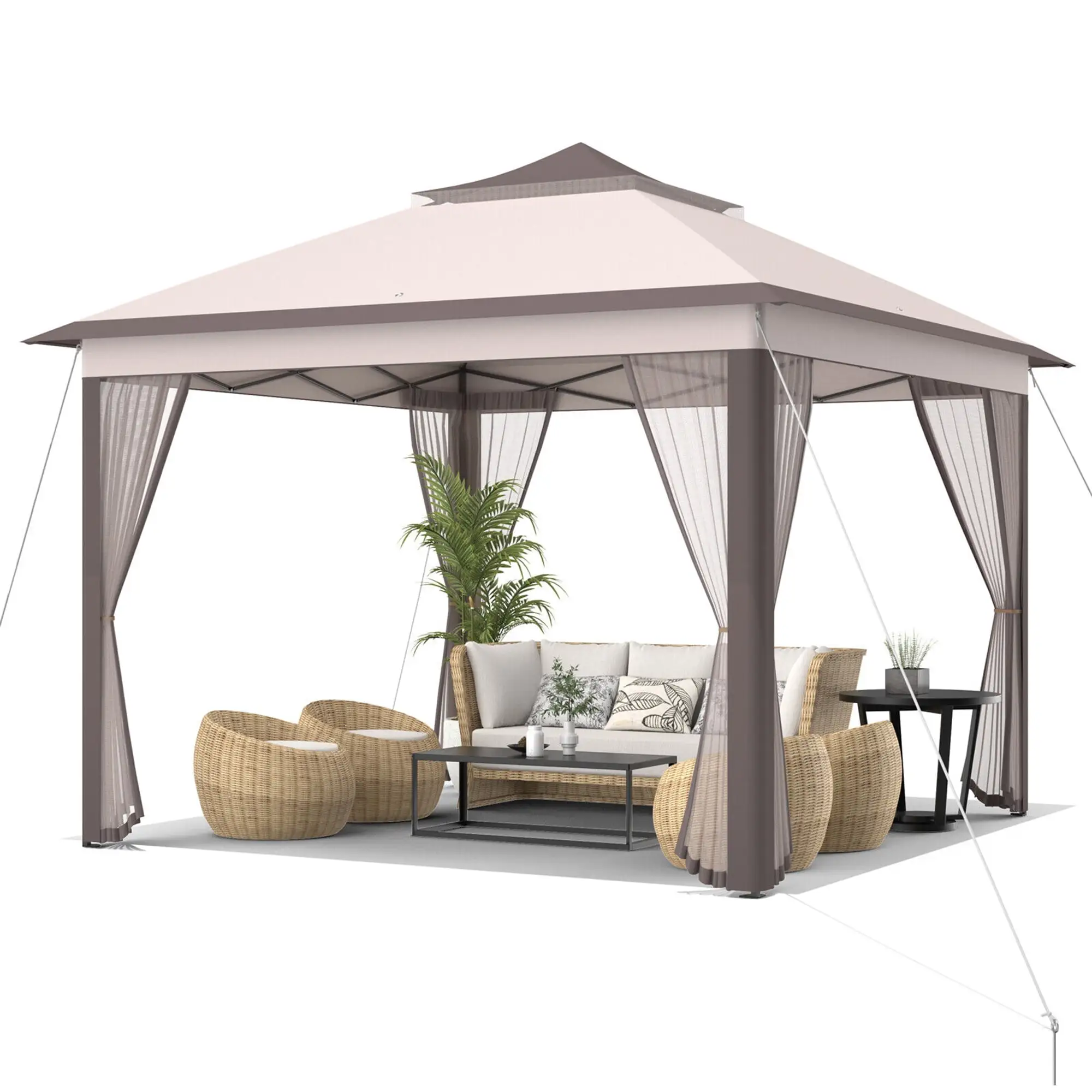 Gymax 11 x 11 ft Pop up Gazebo 2-Tier Patio Canopy Tent Shelter w/ Carrying Bag Beige