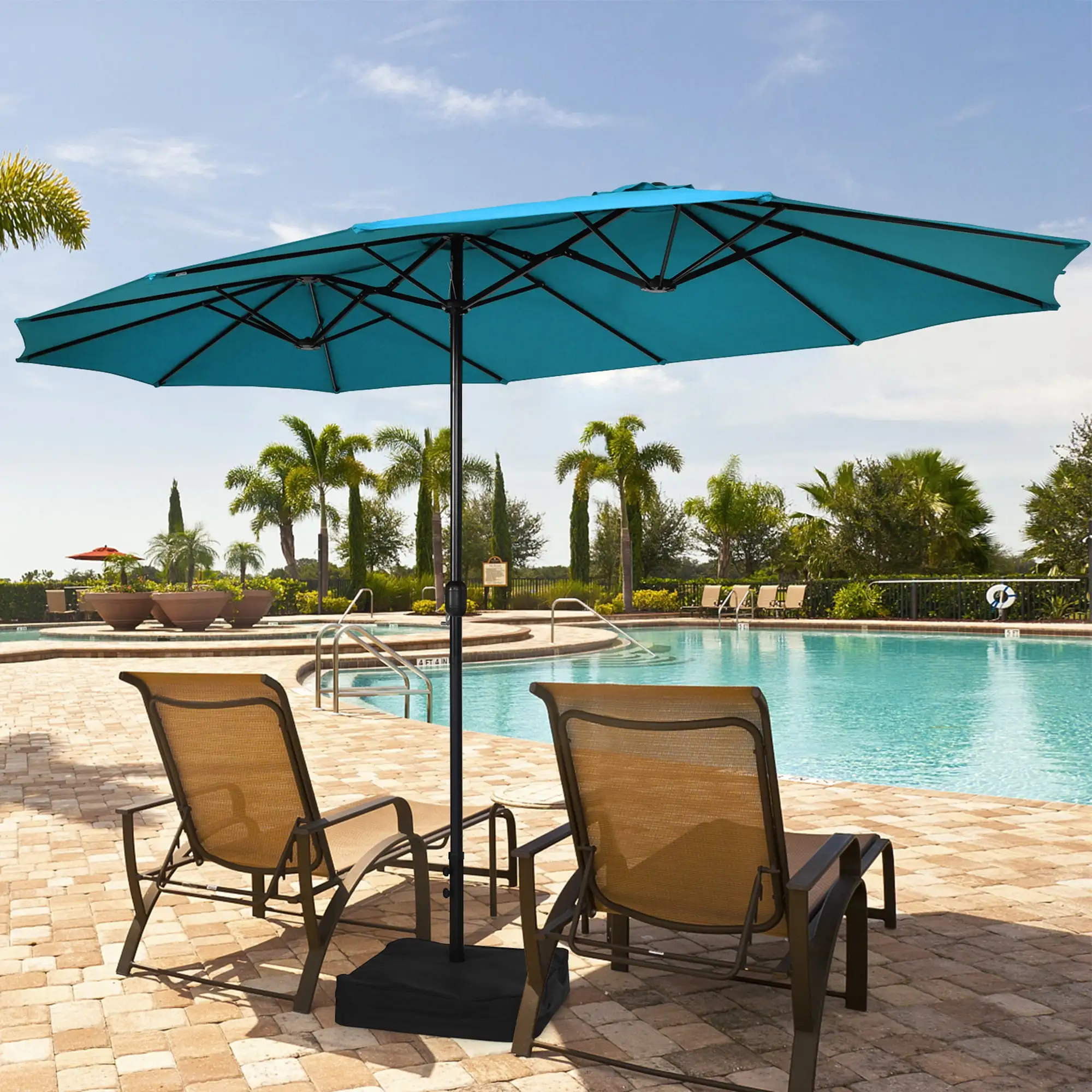 Gymax 15 ft Double-Sided Patio Twin Umbrella Extra-Large Market Umbrella w/ Base Turquoise