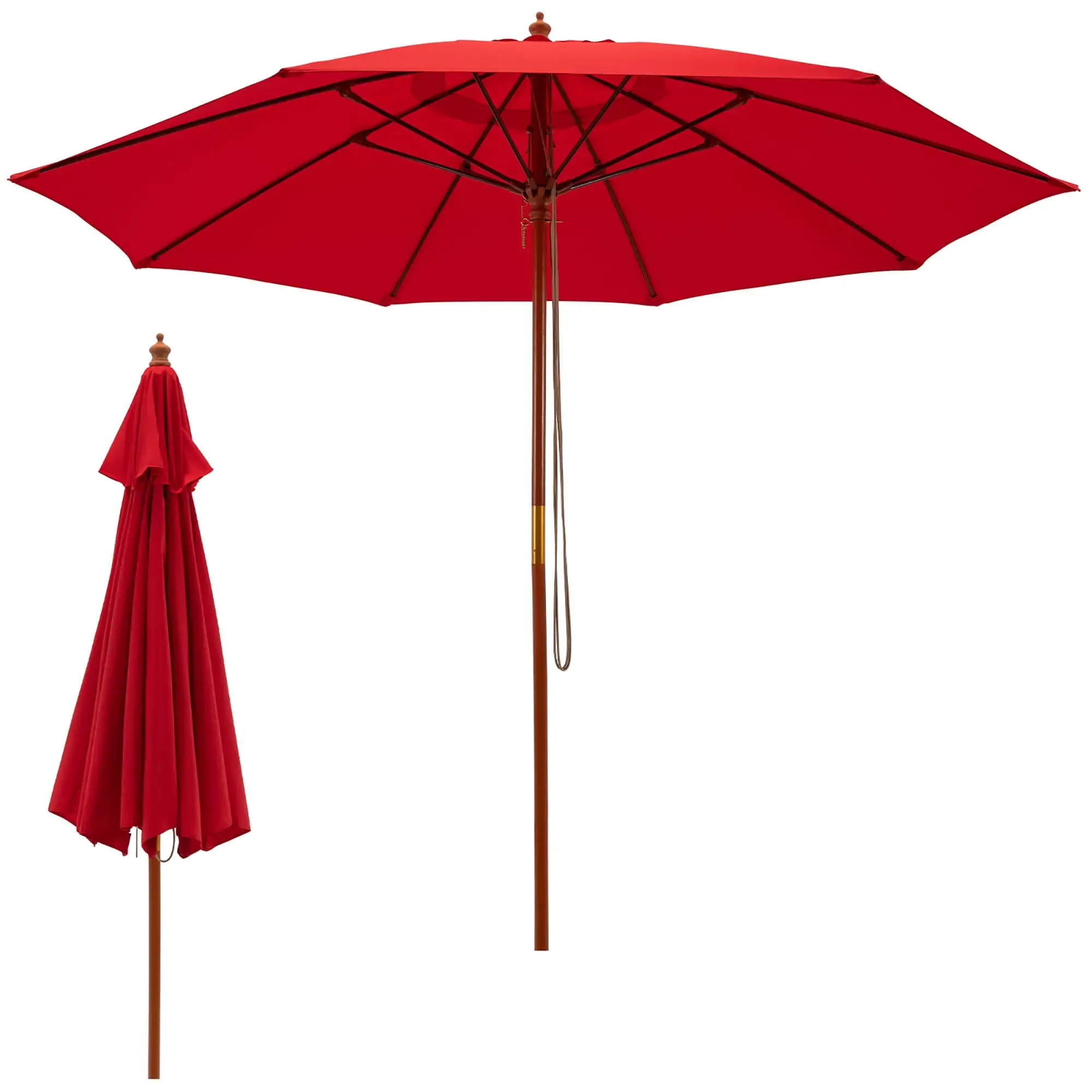 Gymax 9.5 FT Rope Pulley Wooden Umbrella Market w/ Fiberglass Ribs Patio Red