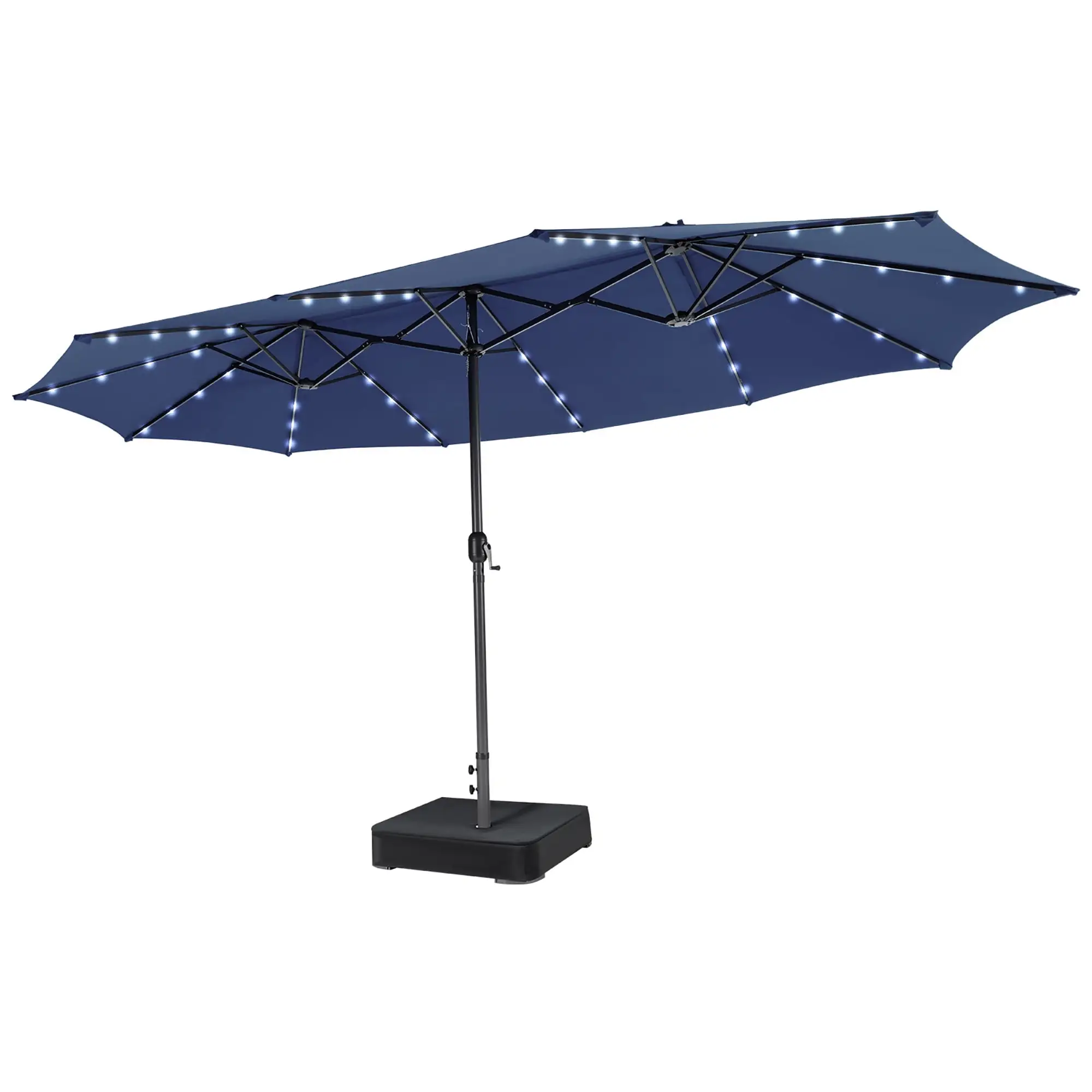 Gymax Outdoor 15' Double-Sided Patio Umbrella 48 Solar LED Lights Crank & Base Navy