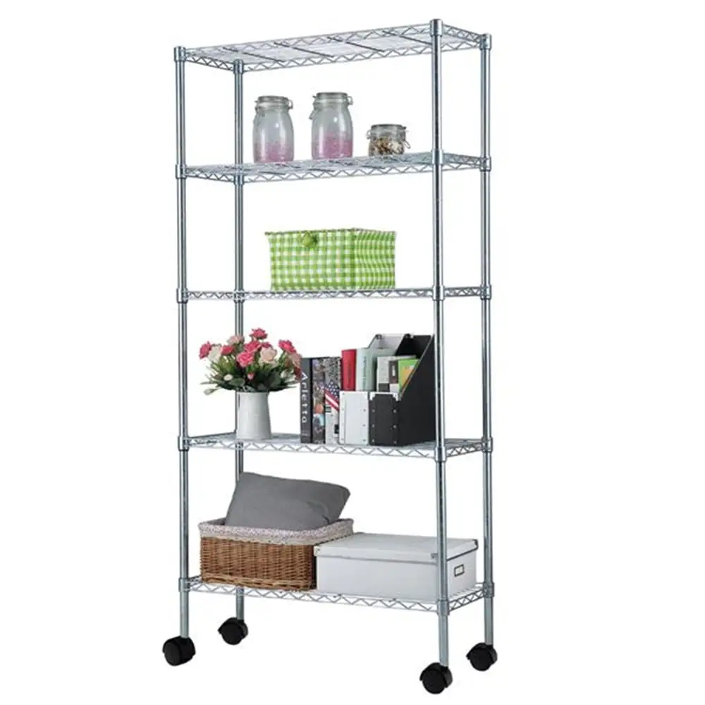 Gzxs 5-tier Metal Shelves for Storage with 1.5 Nylon Wheels. Heavy Duty Shelves Organization Shelving for Kitchen. Living Room. Chrome