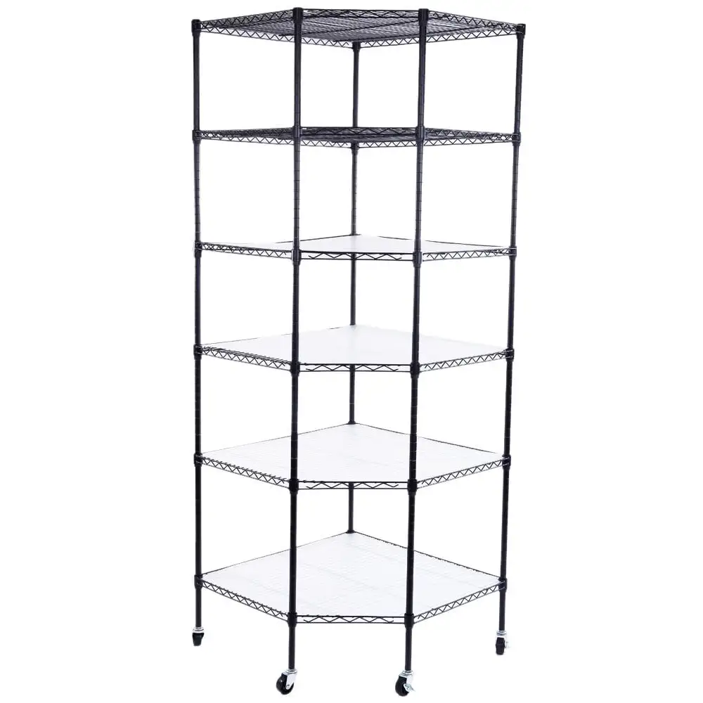 Gzxs 6-Layer Metal Corner Storage Shelf with 2 PP Wheels for Home Garage. Black