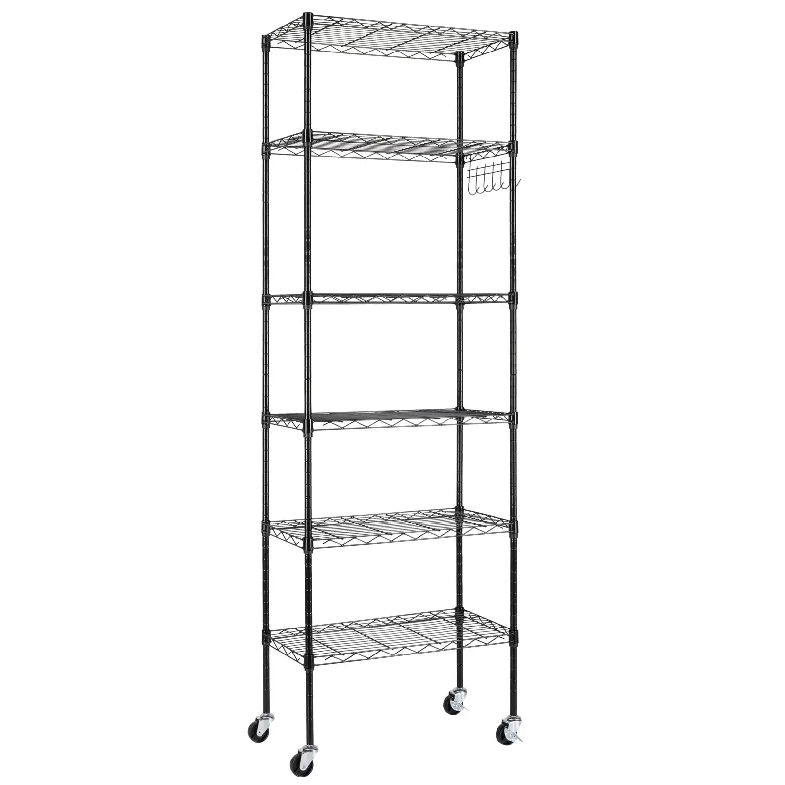 Gzxs Heavy Duty 6-Shelf Shelving with Wheels. with Hanging Hooks. Wire Shelving. Adjustable Storage Units. 21.25L x 11.42W x 64.96H. 6 Tier. Black