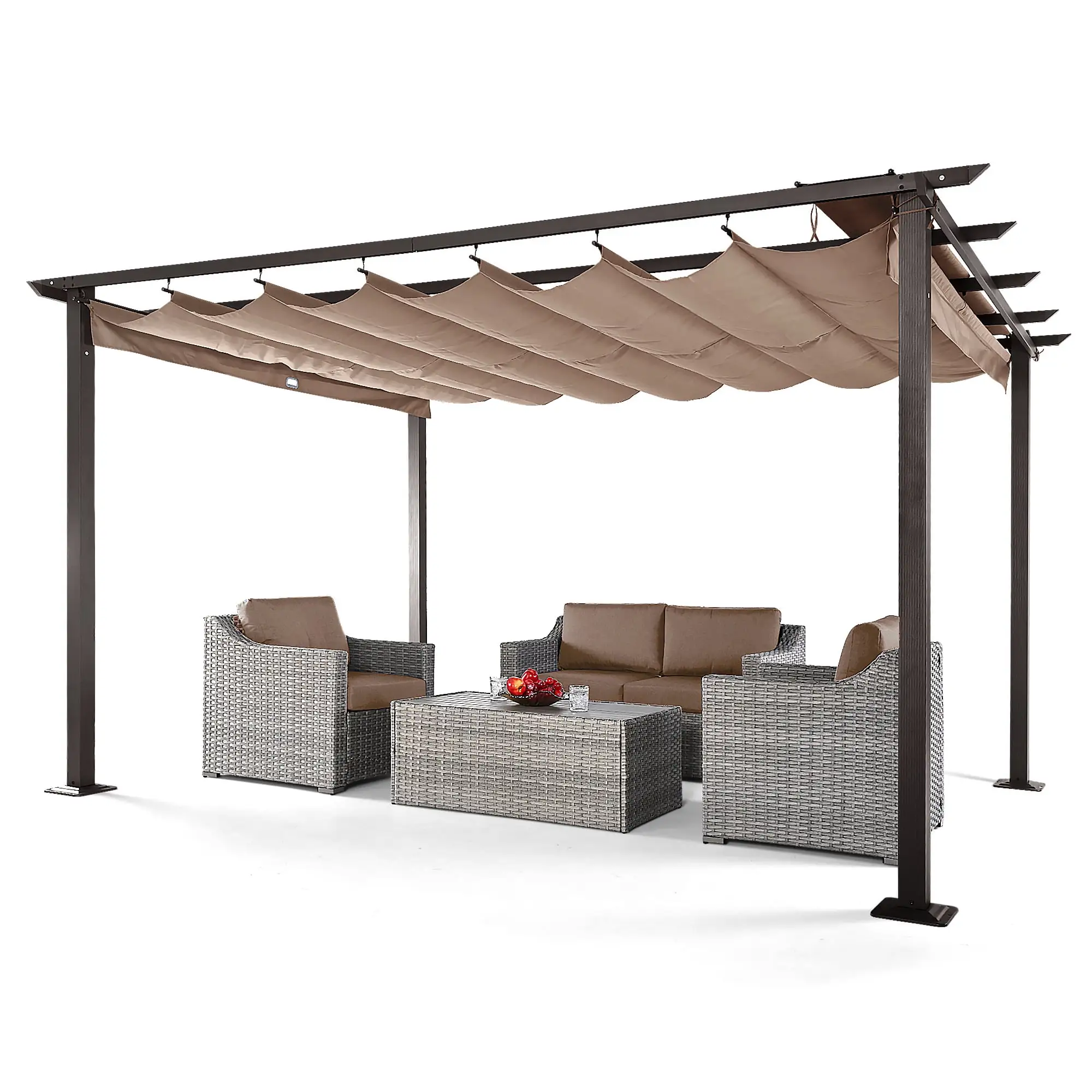 HAPPATIO 10' X 13' Outdoor Retractable Pergola with Sun and Rain-Proof Canopy. Includes Ground Studs and Expansion Screws (Brown)