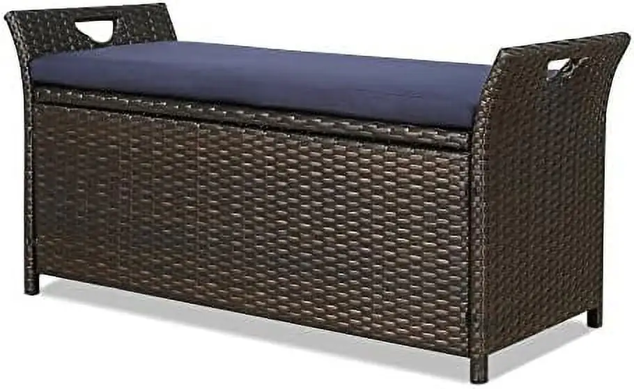 HBBOOMLIFE Ulax Outdoor Bench Deck Box for Patio Rattan Style Deck Box w/Cushion (Navy)