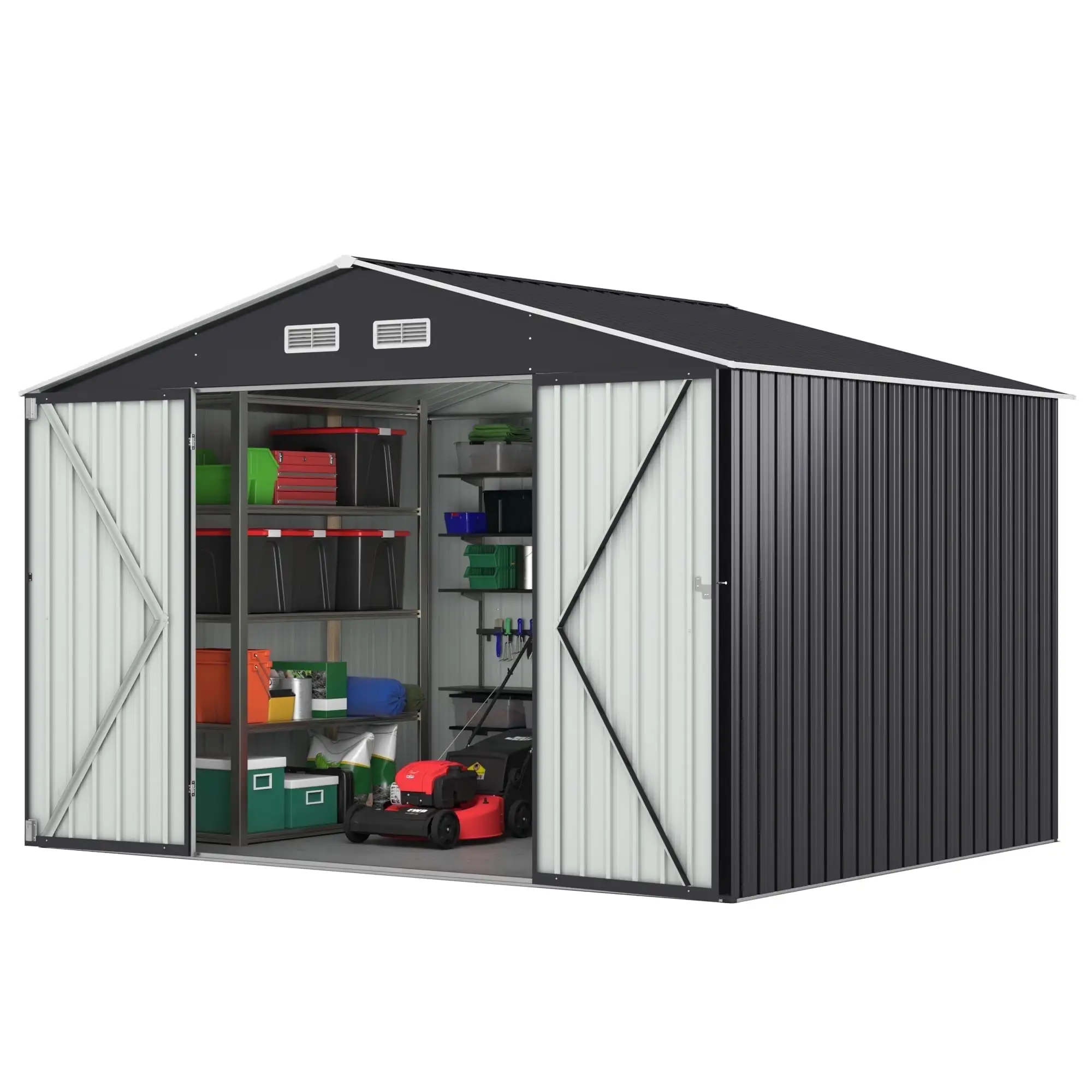 HOGYME 10' x 8' Large Outdoor Metal Storage Shed Tool Storage Shed with Lockable Doors for Backyard. Patio. Lawn. Black & White