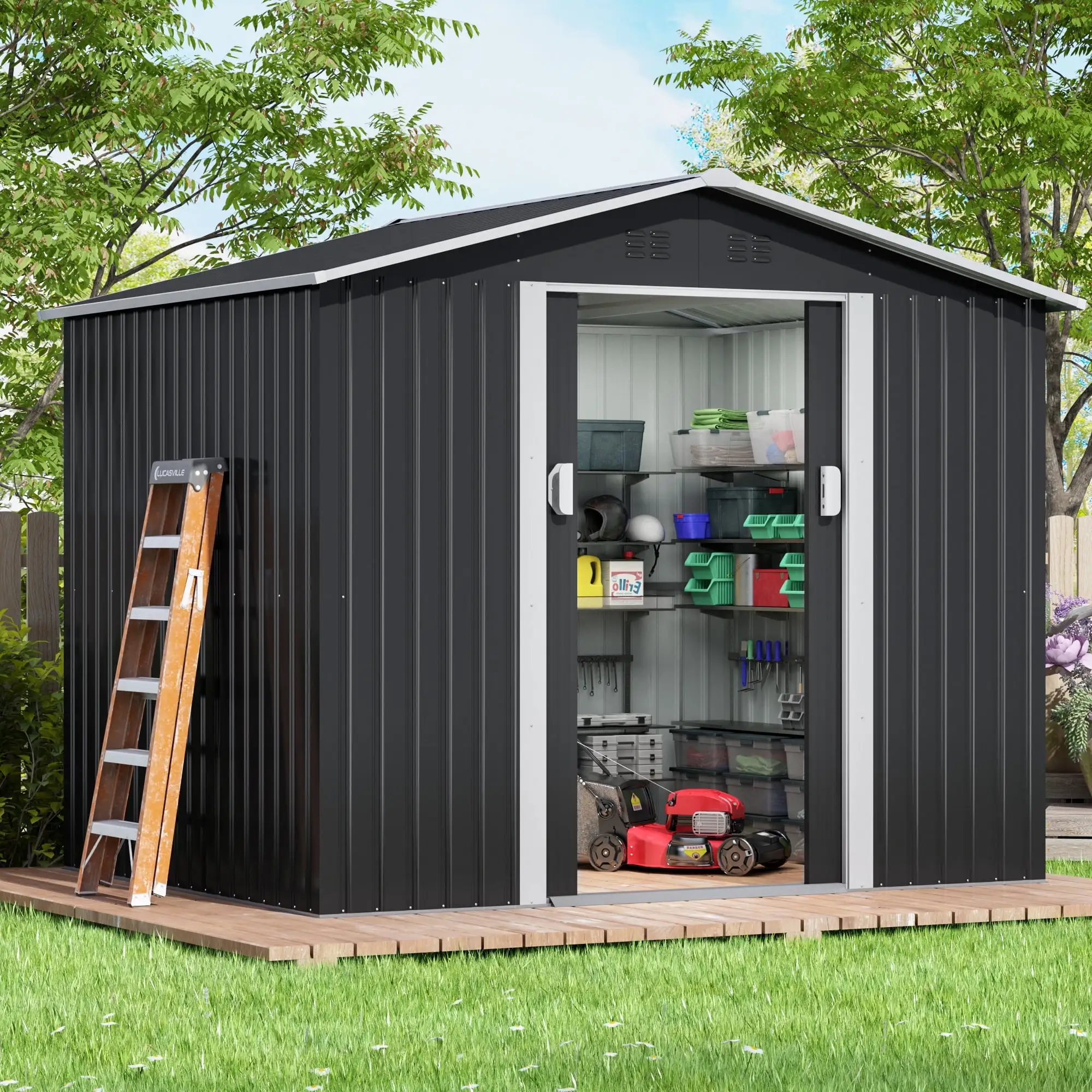 HOGYME 6' x 8' Outdoor Storage Shed Garden Tool Metal Shed for Backyard Patio Lawn w/ Lockable Doors Vents. Dark Gray