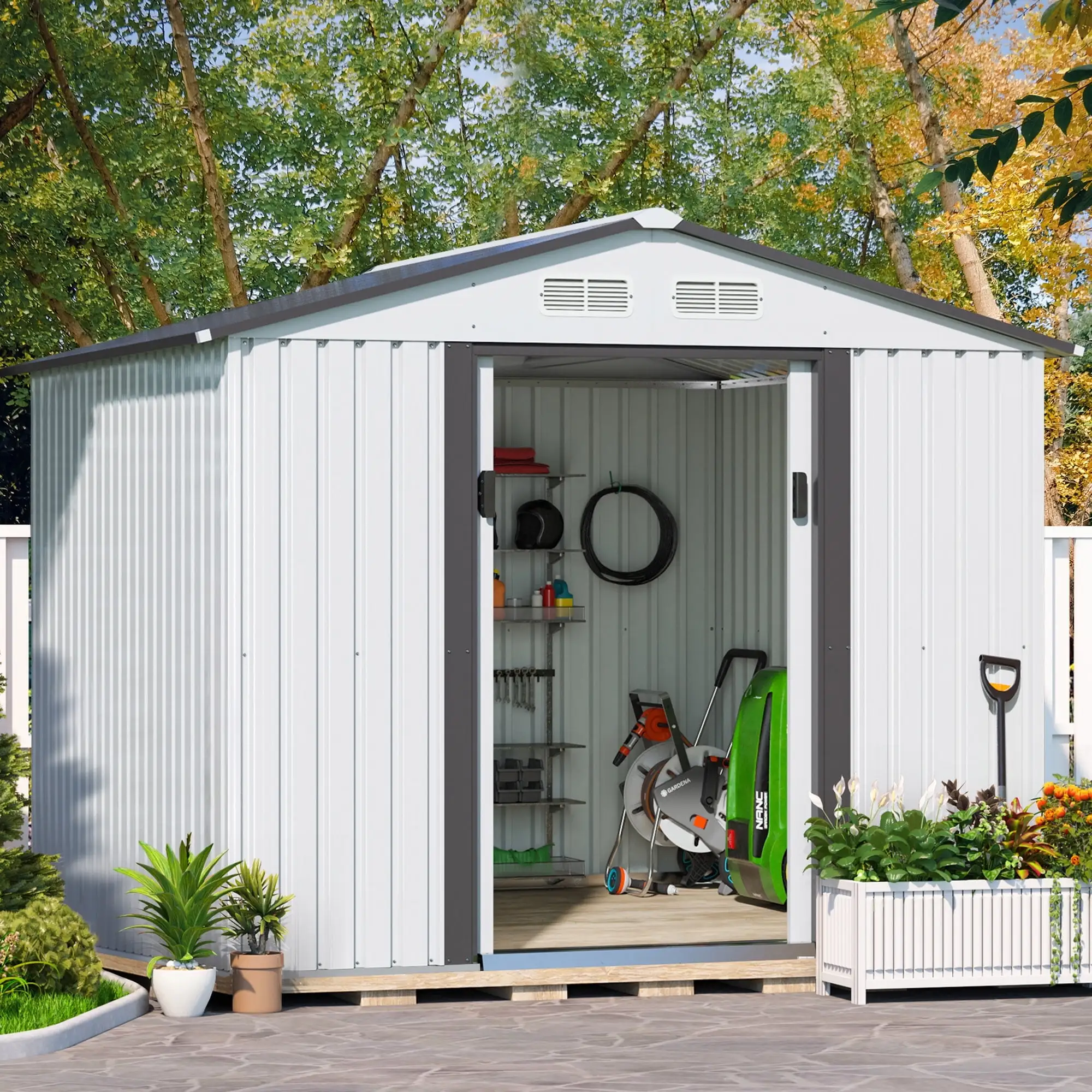 HOGYME 8' x 8' Outdoor Metal Storage Shed.Garden Tool Shed with Double Sliding Doors. 4 Vents for Backyard Patio Lawn Pool. White+Gray