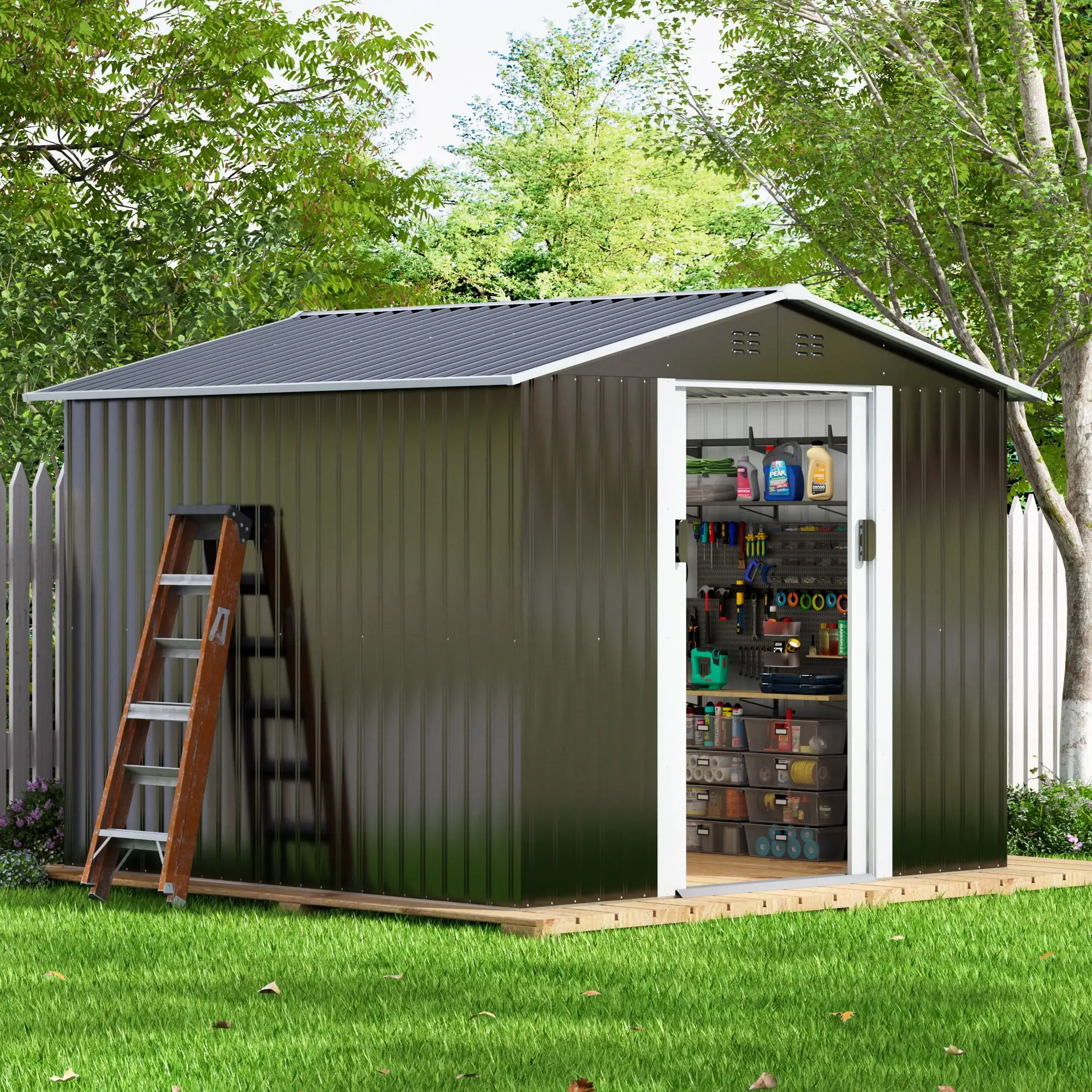 HOGYME 8' x 8' Outdoor Storage Shed. Metal Utility Tool Storage Shed w/Lockable Doors for Patio Backyard Lawn. Gray