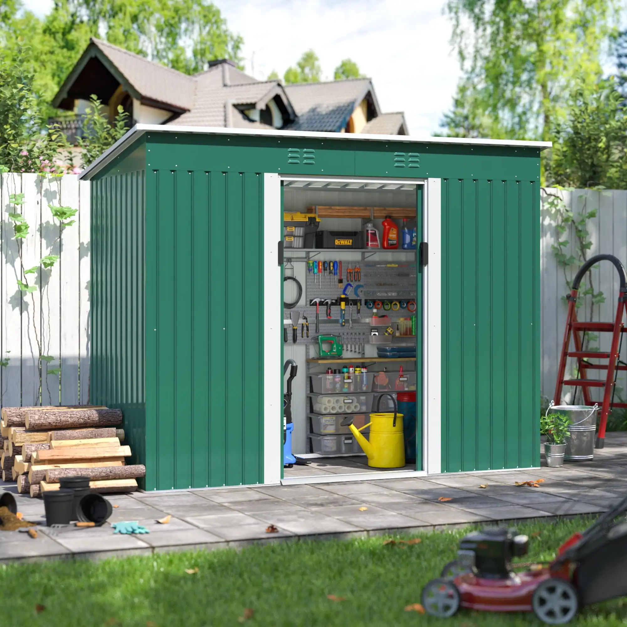 HOGYME 9.1 x 4.2 ft Outdoor Storage Shed Garden Tool House with Double Sliding Door and Vents for Backyard Patio Lawn.Green