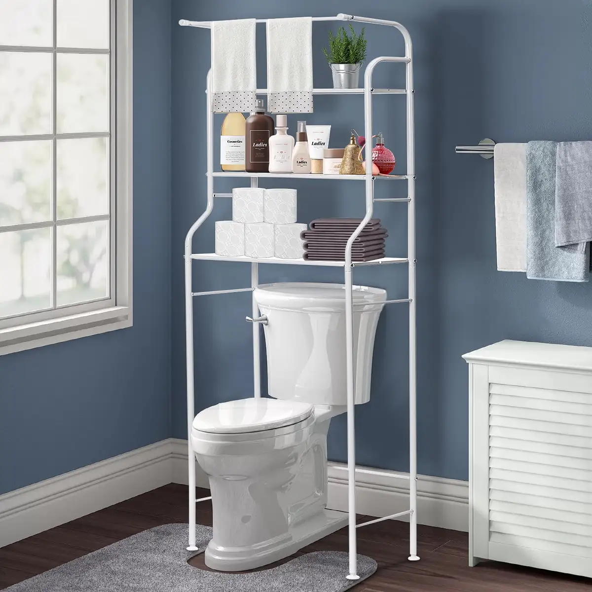 HONEIER over the Toilet Storage 3 Tier Bathroom Shelf with Towels Hanging Rod. 62*24 inch Metal Bathroom Organizer Storage Rack. White