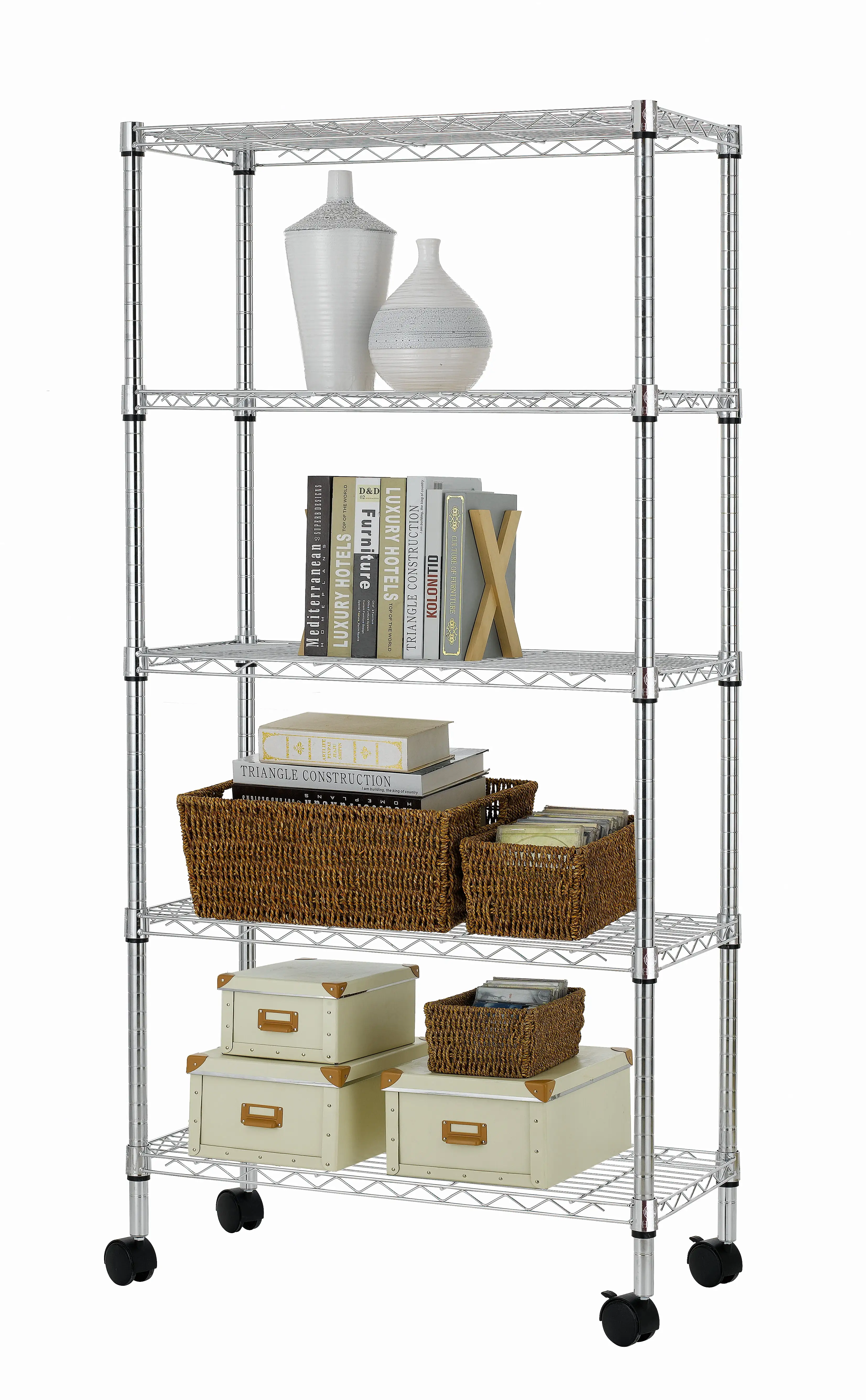 HSS 14Dx30Wx62H. 5 Shelf Wire Shelving Rack with Casters. Chrome Color