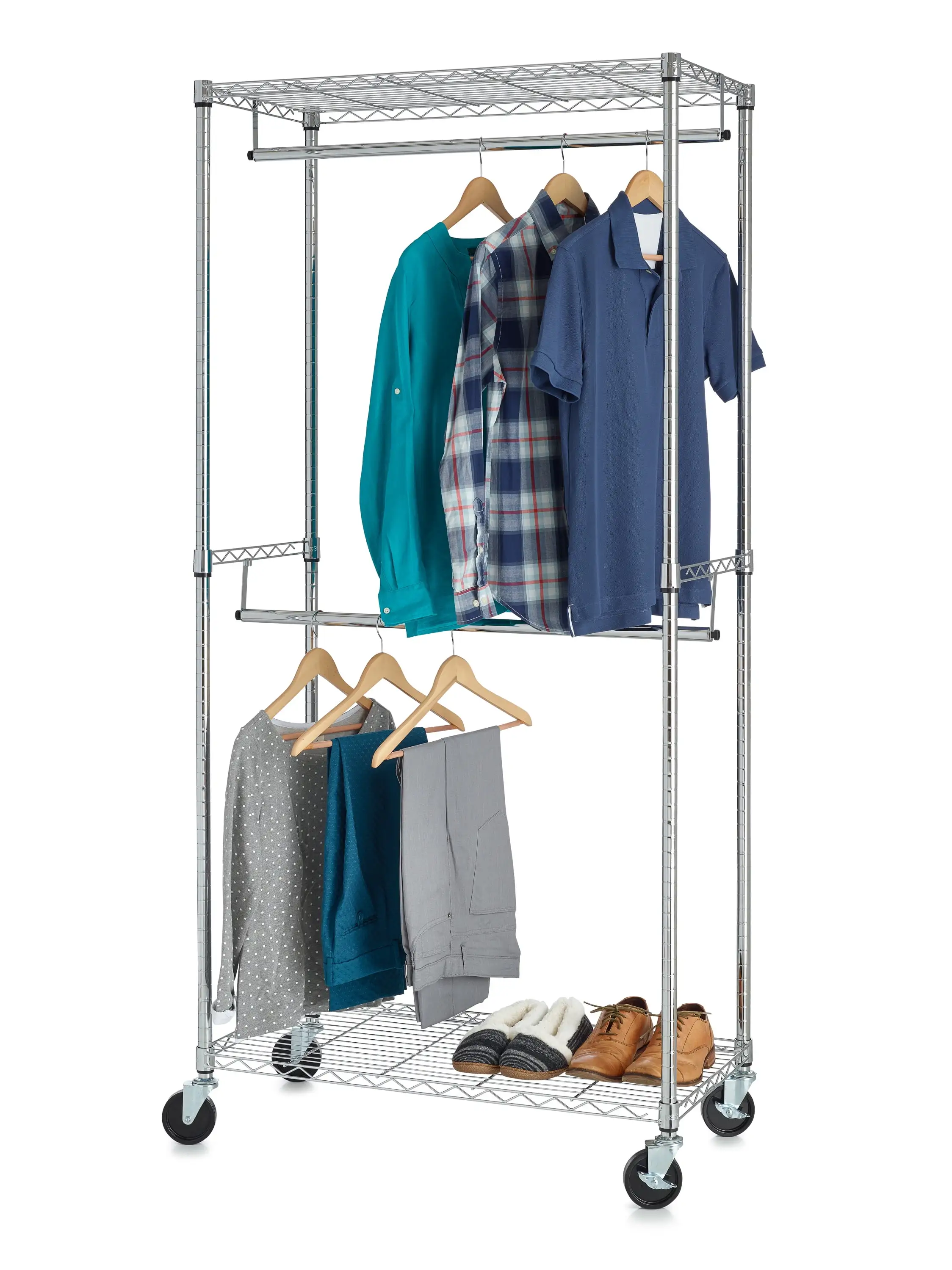 HSS 2-Shelf Garment Wire Shelf Unit with Casters. Steel. Chrome