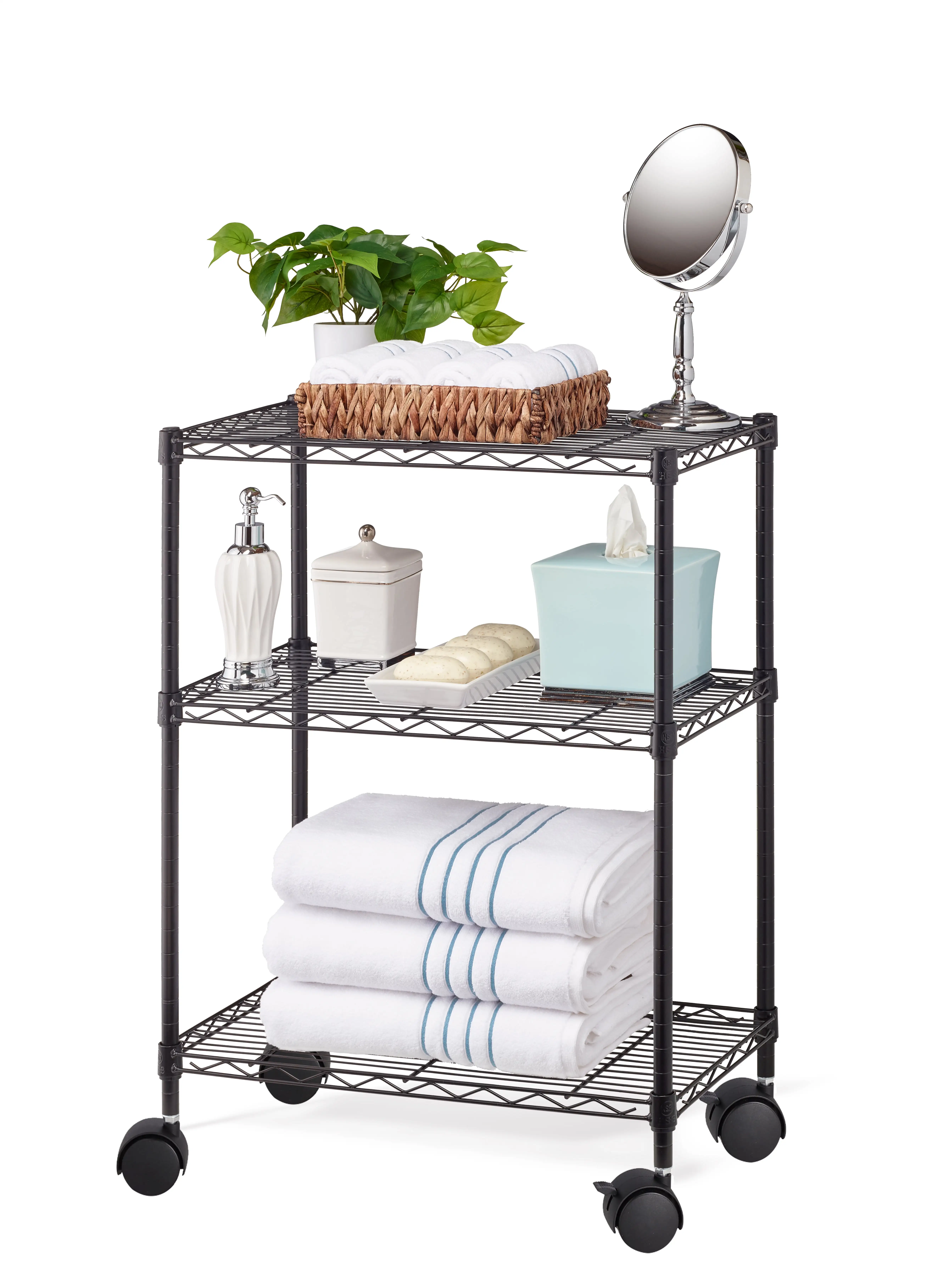 HSS 3 Tier Wire Shelf Unit With 2 Casters 13.4Dx23.2Wx32.3H Black Capacity 200 lbs