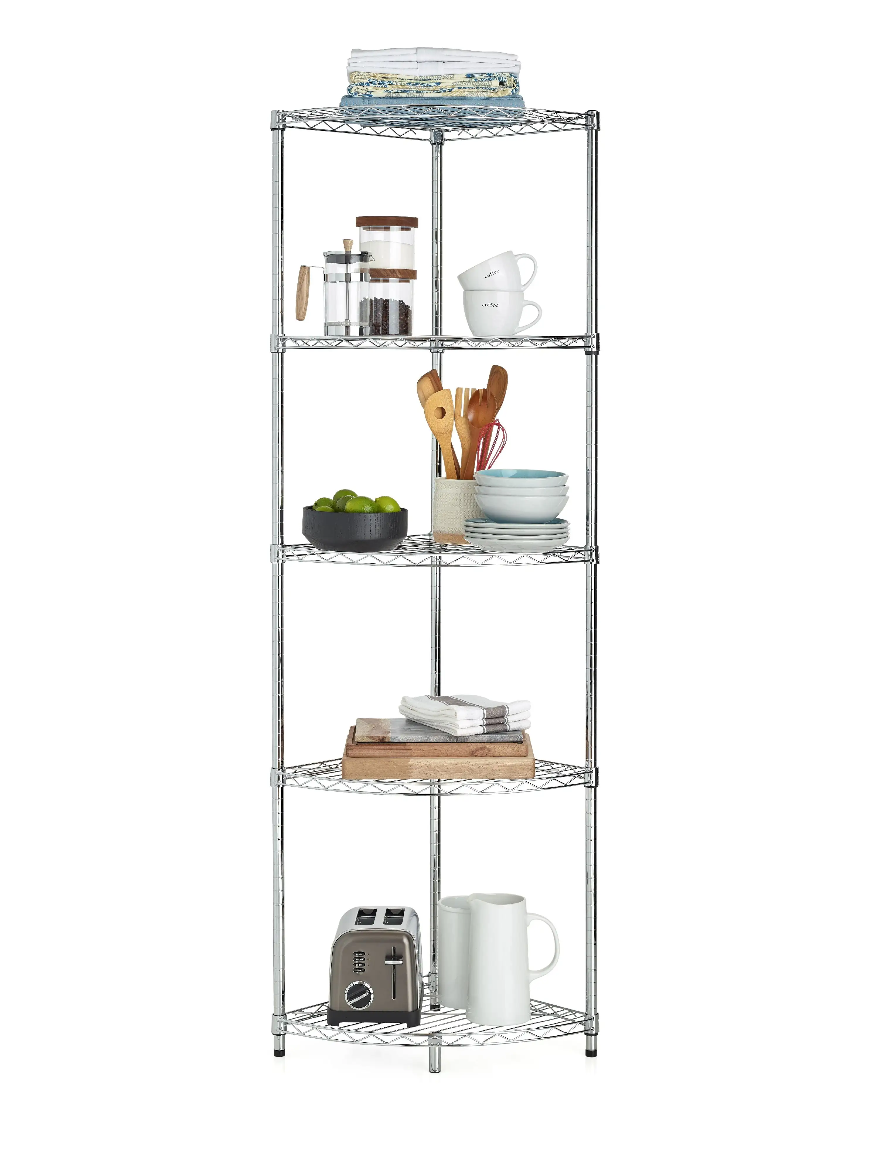 HSS 5-Tier Corner Wire Shelf Unit 18Dx18Wx72H. Chrome. Capacity 750 lbs